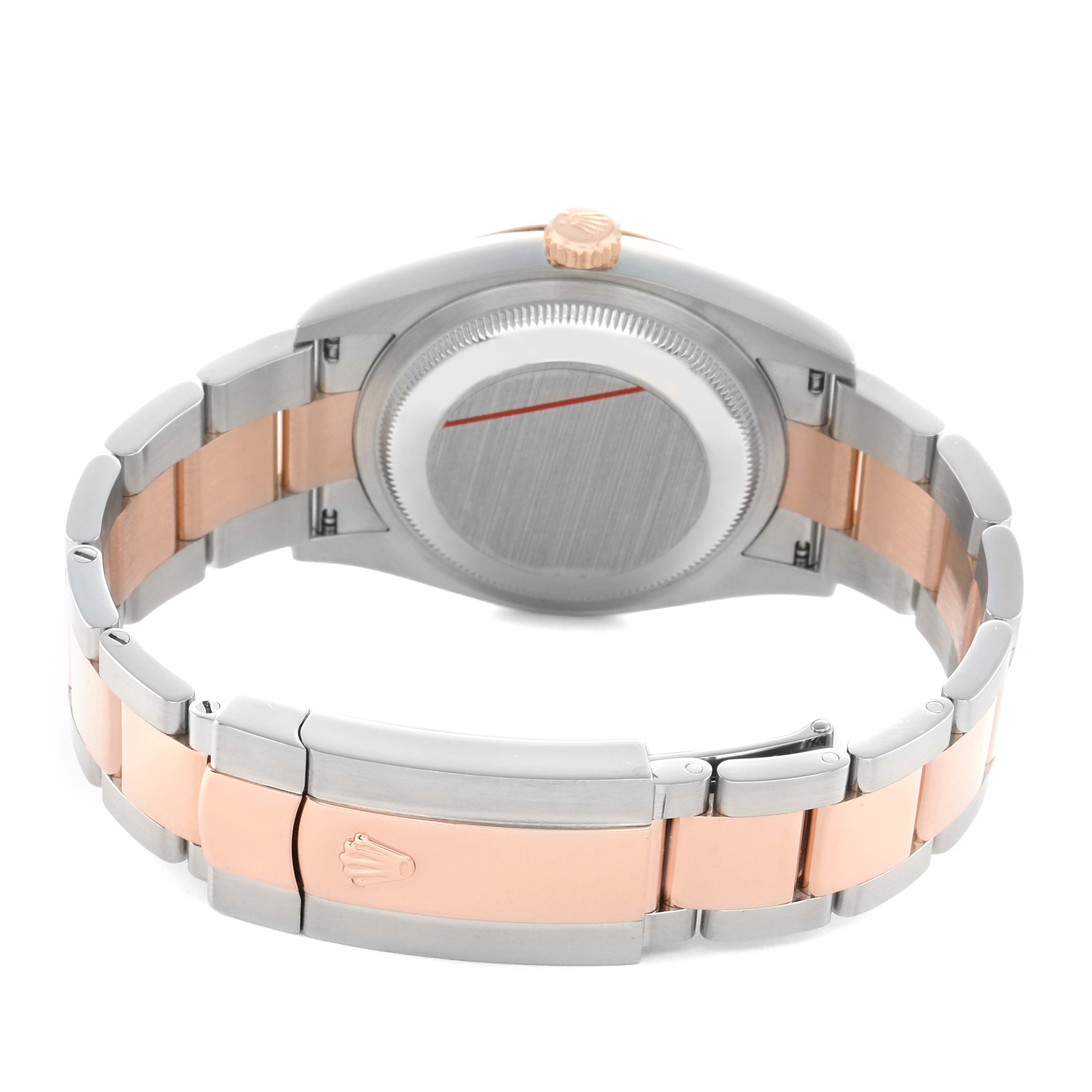 The image shows a Rolex Datejust 126231 Men's Stainless Steel Grey Dial watch from the back, highlighting its case, crown, and two-tone bracelet.