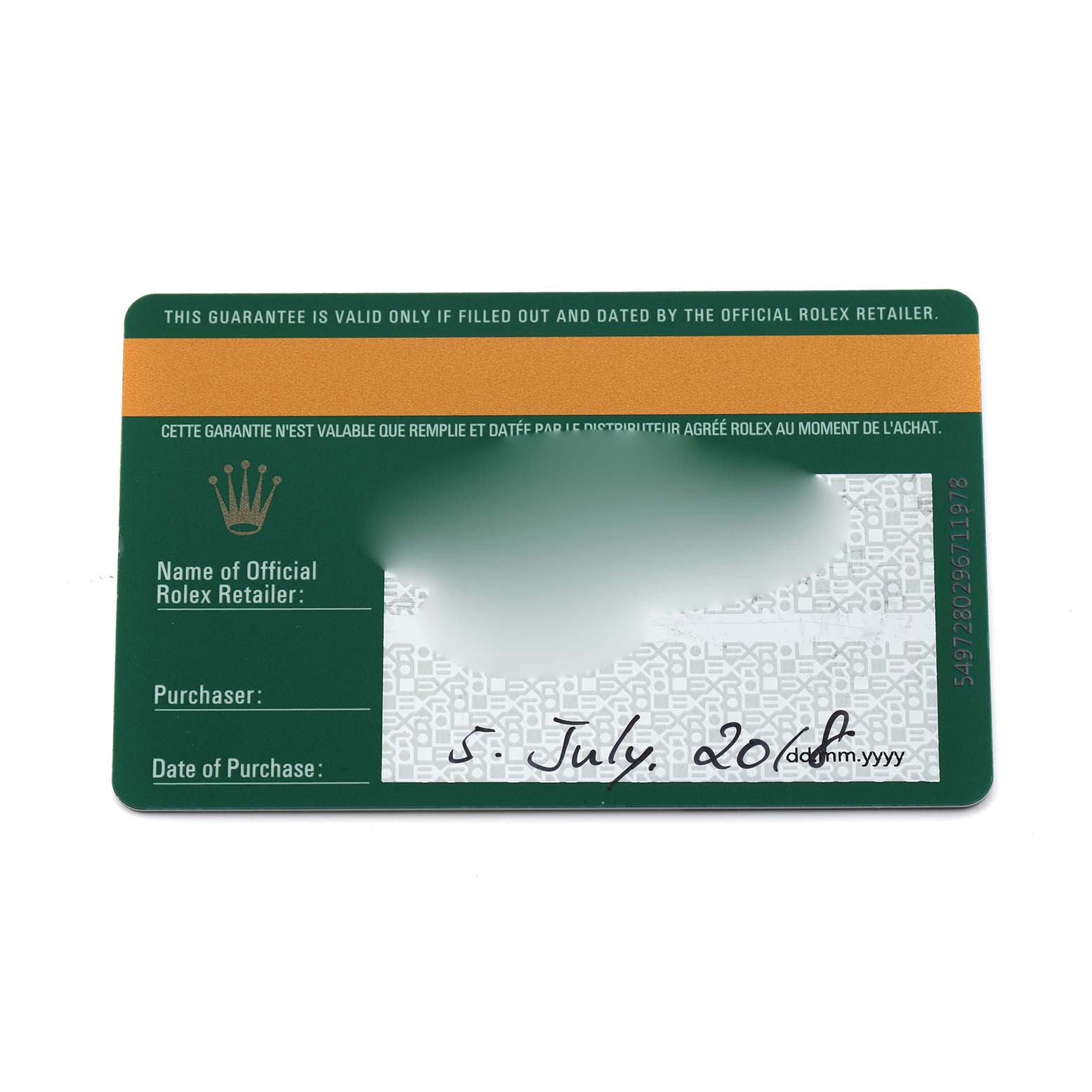 This image shows a guarantee card for a Rolex Datejust 126231 Men's Stainless Steel Grey Dial, featuring retailer and purchase information sections.