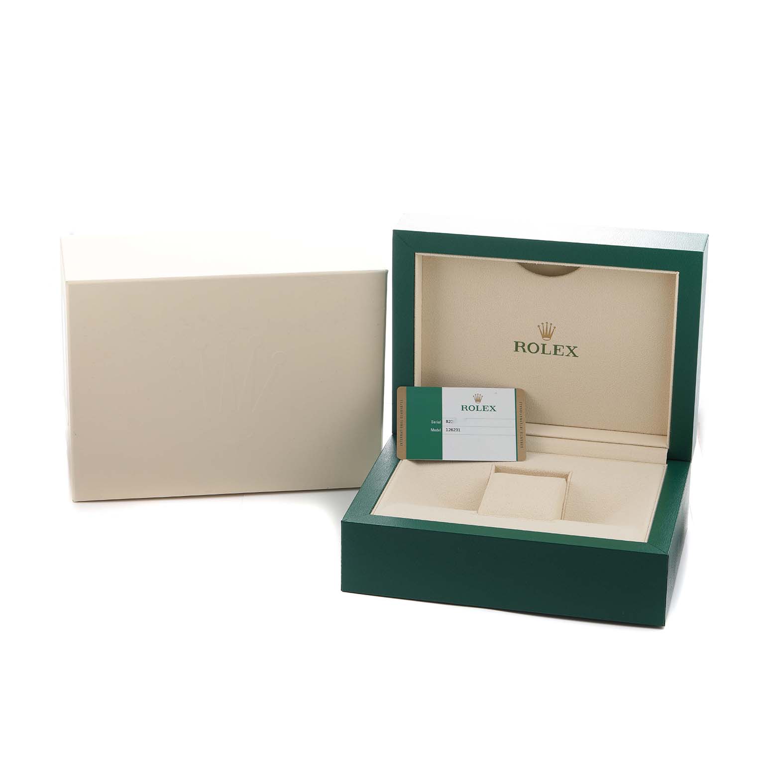 The image shows the open box of a Rolex Datejust 126231 Men's Stainless Steel Grey Dial watch, featuring the case and warranty card.