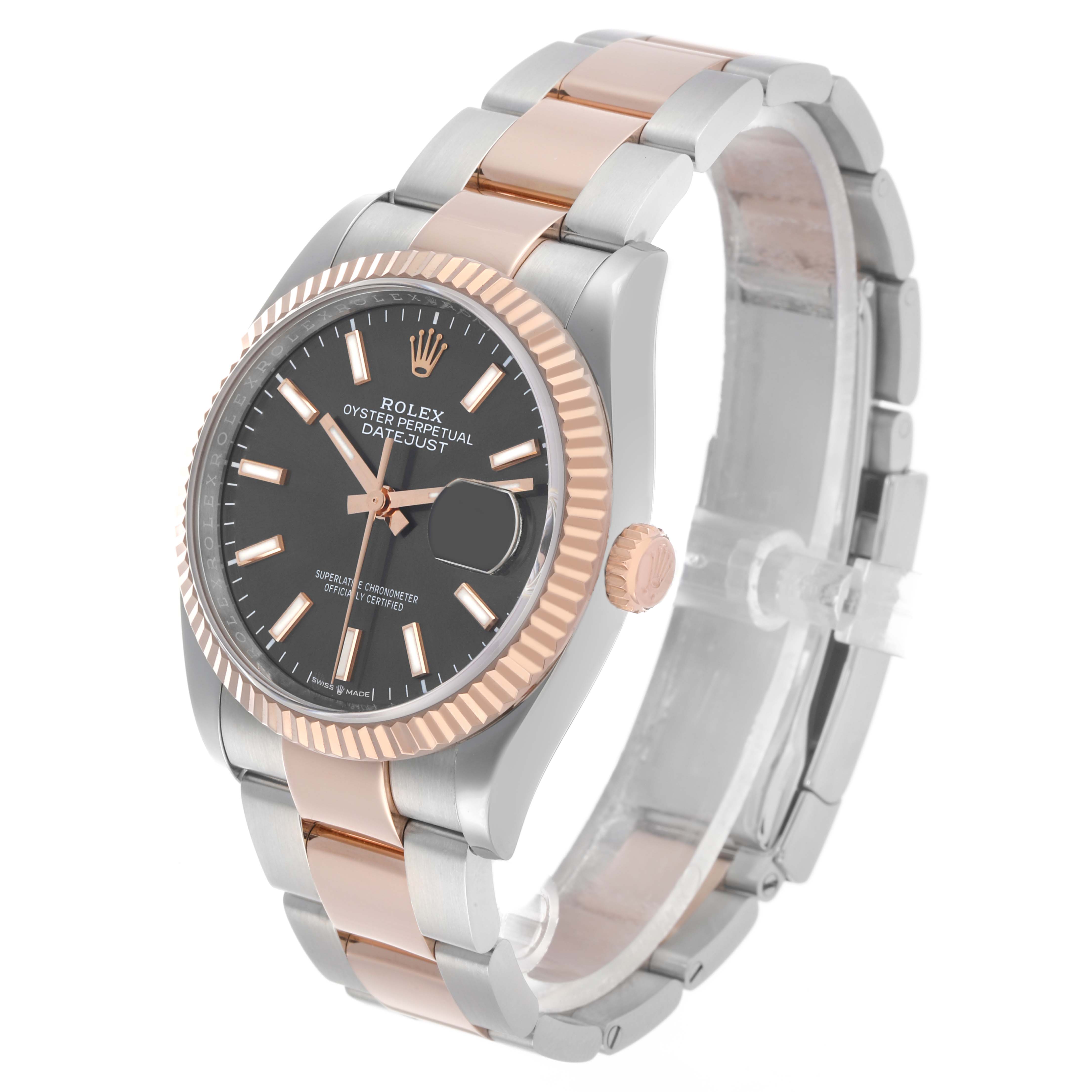 The Rolex Datejust 126231 Men's Stainless Steel Grey Dial watch is shown at a three-quarter angle, displaying the face, bezel, crown, and two-tone bracelet.