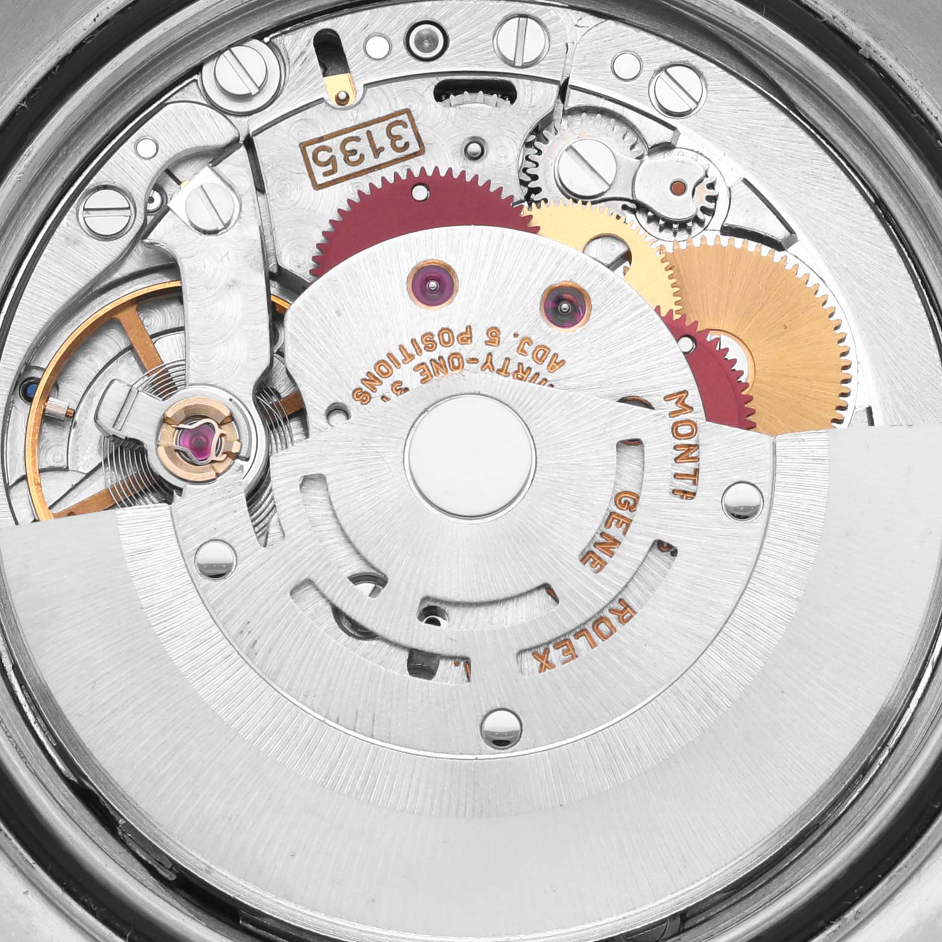 The image shows a detailed view of the Rolex Datejust 16233 Men's Steel and Gold (two tone) Black Dial 16233 Men's Steel and Gold (two tone) Black Dial movement with gears and the rotor visible.