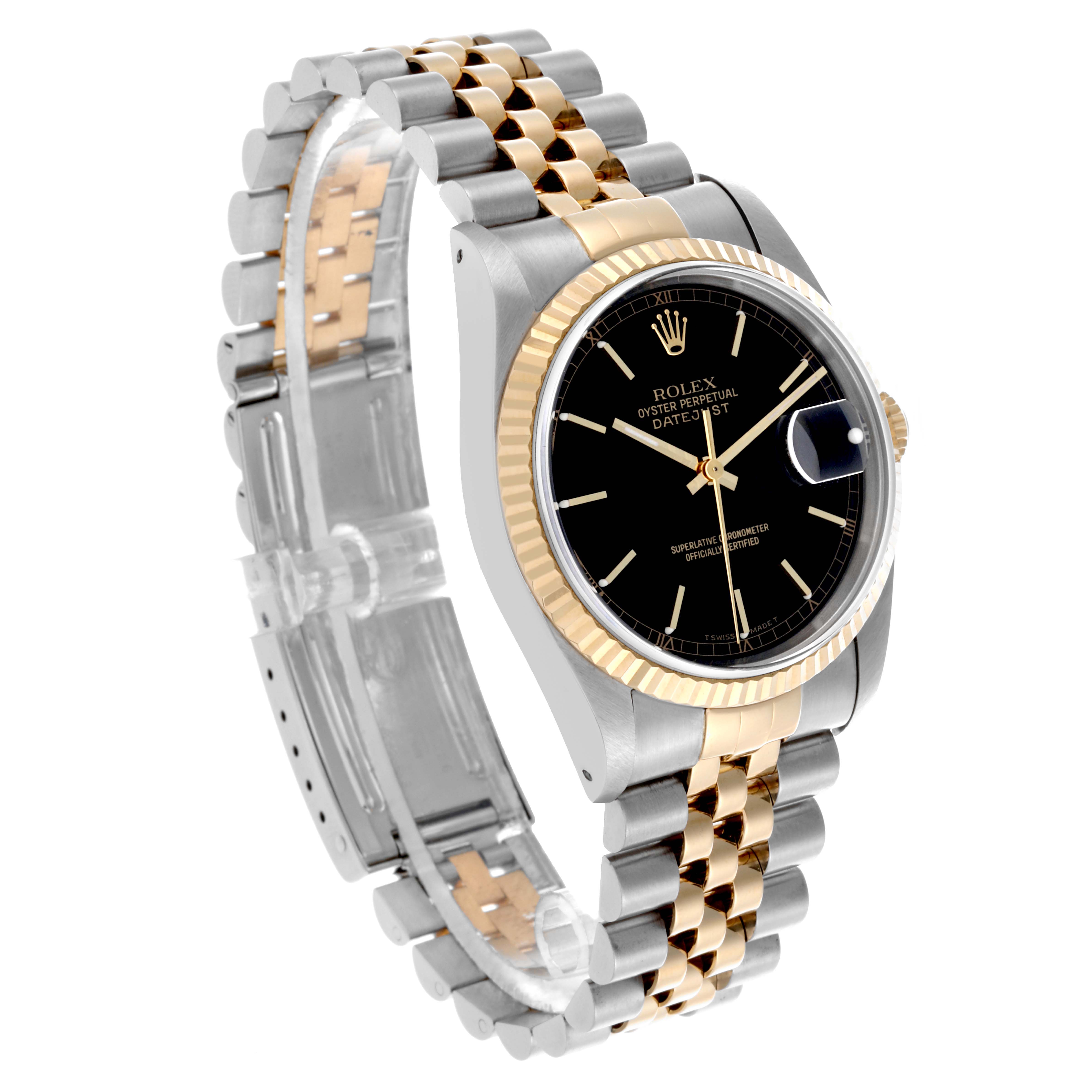 The Rolex Datejust 16233 Men's Steel and Gold (two tone) Black Dial 16233 Men's Steel and Gold (two tone) Black Dial watch is shown in a three-quarter angle, highlighting its face, bezel, and Jubilee bracelet.