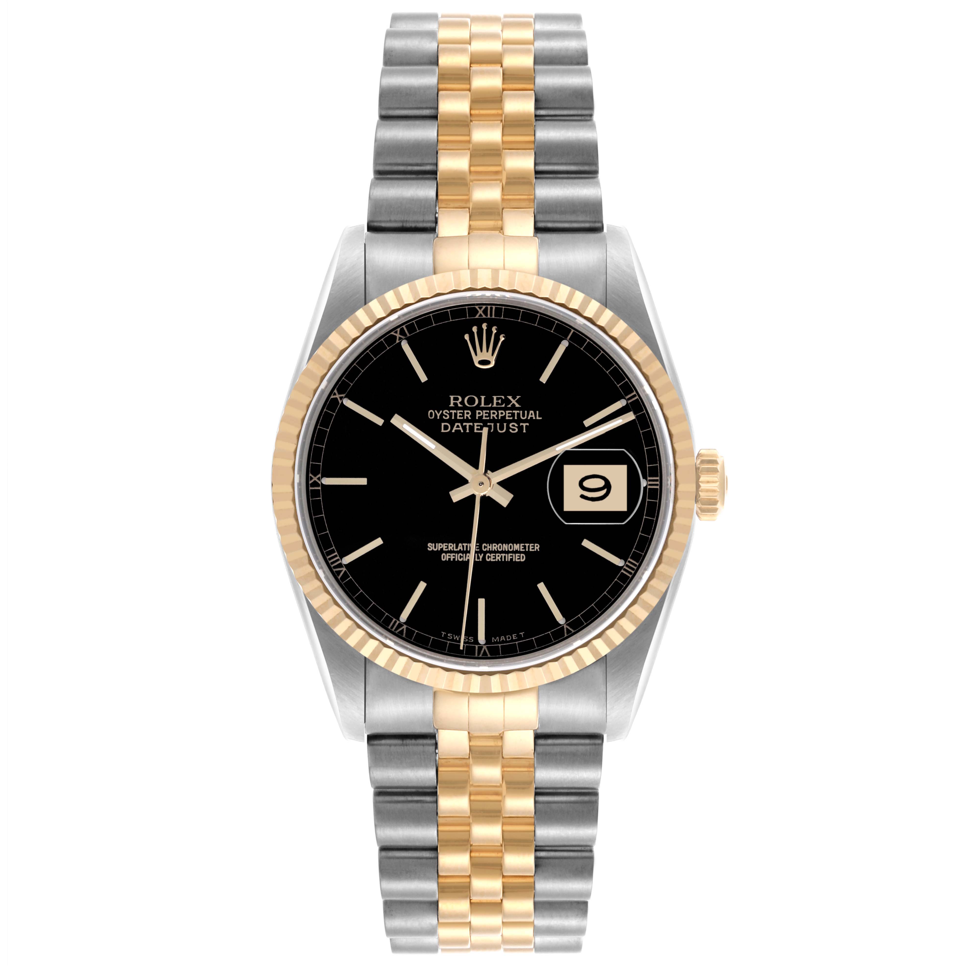 The Rolex Datejust 16233 Men's Steel and Gold (two tone) Black Dial 16233 Men's Steel and Gold (two tone) Black Dial watch is shown from the front, displaying the dial, bezel, bracelet, and crown.