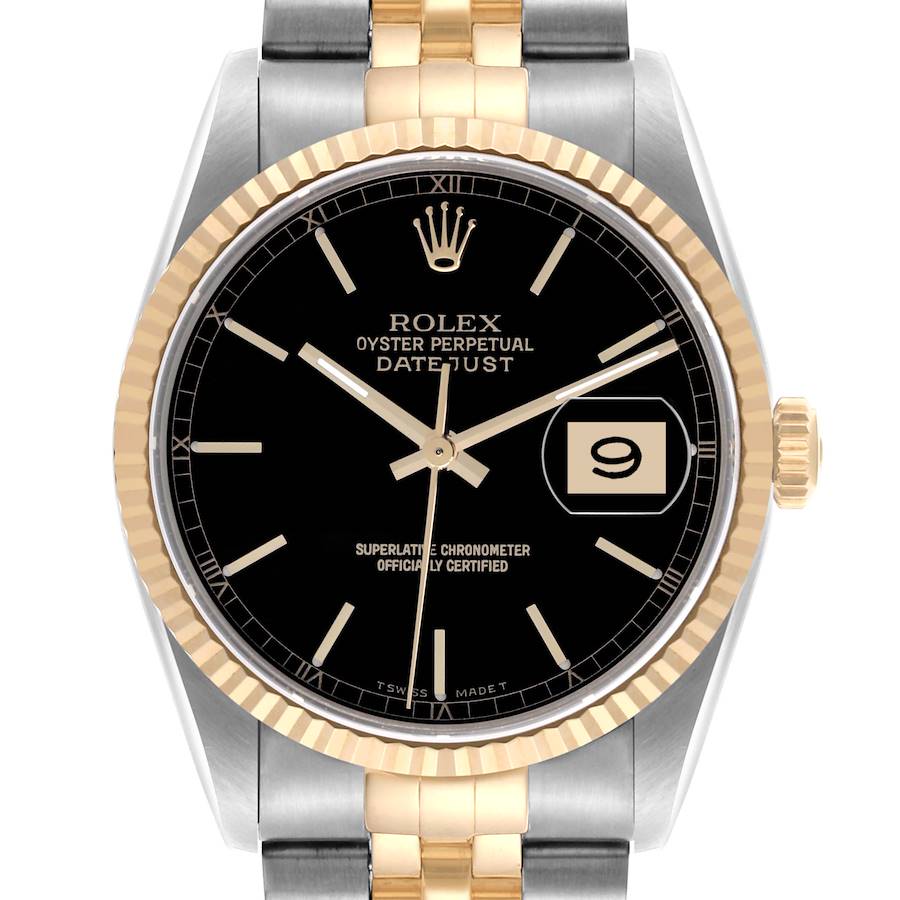 The Rolex Datejust watch is shown from a front angle, highlighting its dial, bezel, crown, and bracelet.