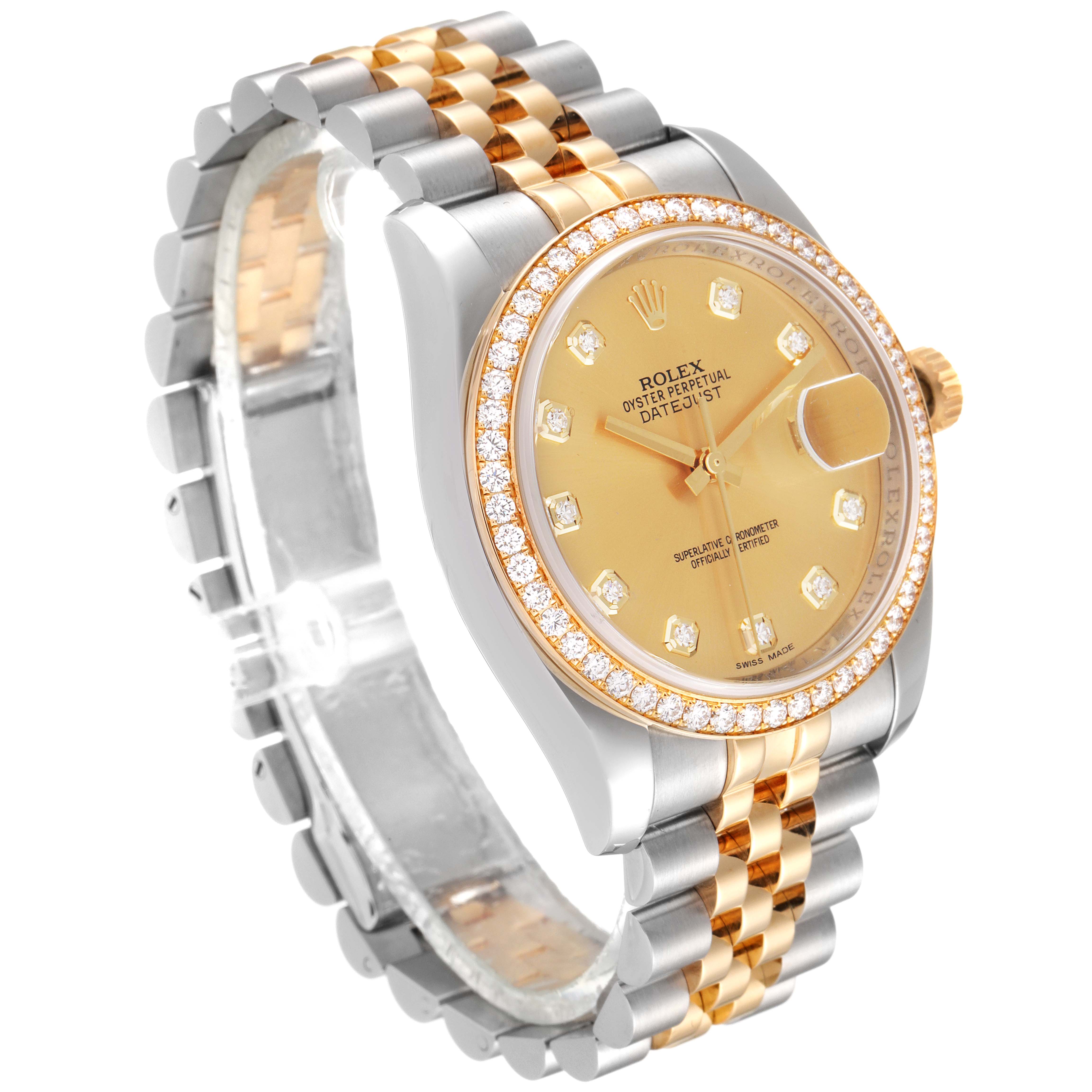 The image shows a Rolex Datejust 116243 Men's Steel and Gold (two tone) Champagne Dial 116243 Men's Steel and Gold (two tone) Champagne Dial watch at a three-quarter angle, highlighting its gold and silver bracelet, dial, and diamond bezel.