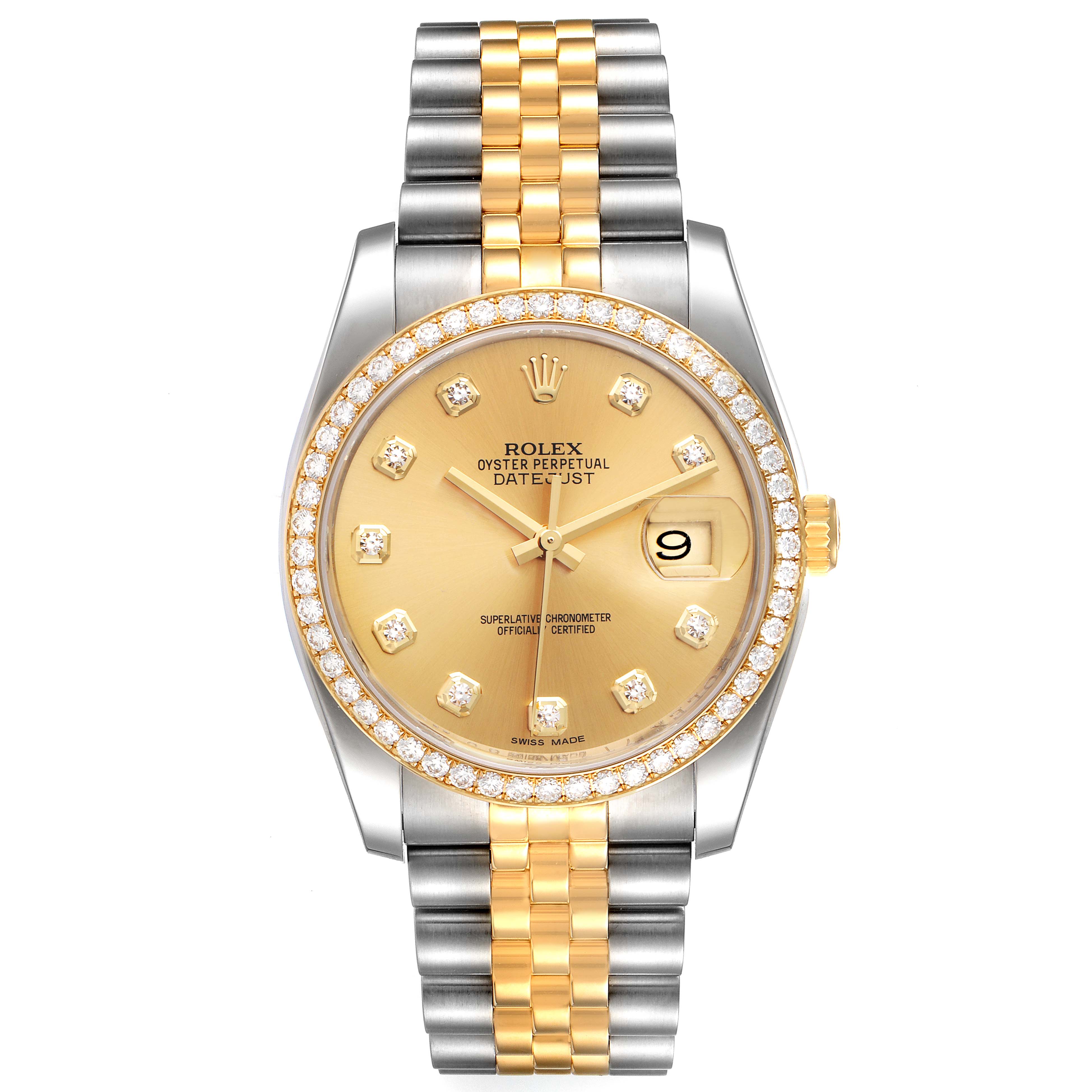 This is a front view of a Rolex Datejust 116243 Men's Steel and Gold (two tone) Champagne Dial 116243 Men's Steel and Gold (two tone) Champagne Dial watch showcasing its gold and silver two-tone bracelet, diamond-encrusted bezel, and date display.