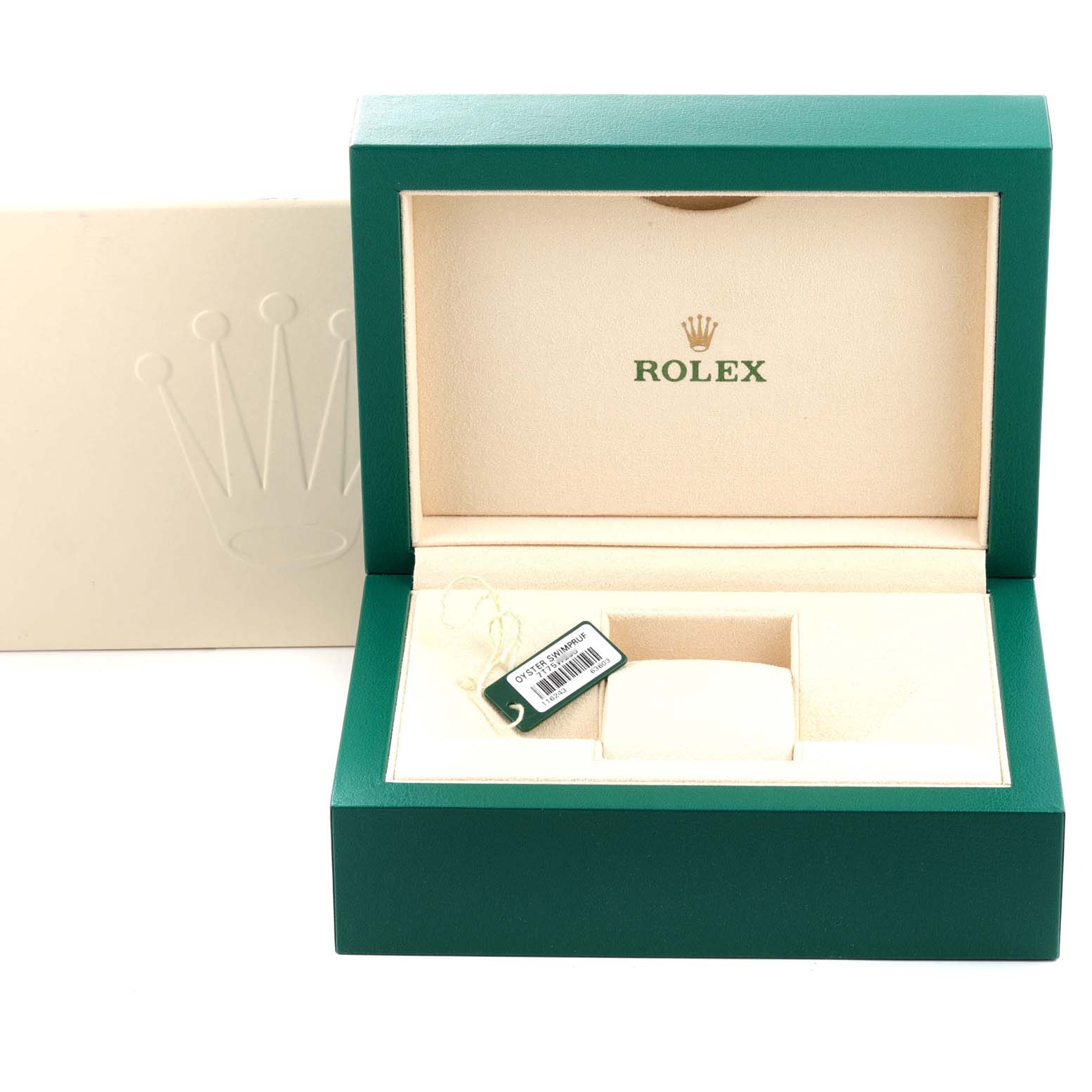 This image shows an open green Rolex box for the Datejust model, featuring the brand's logo and a placeholder.
