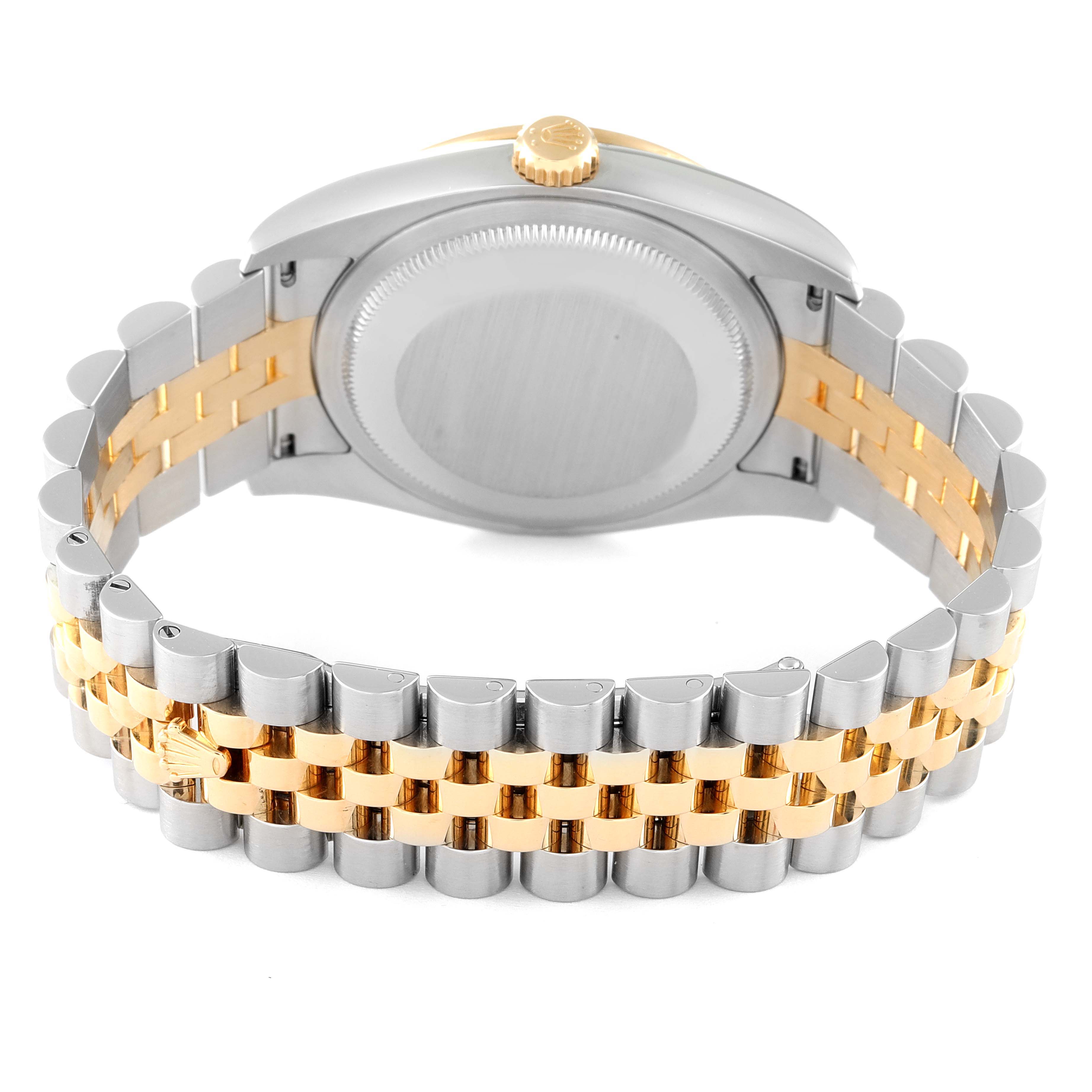 The image shows the back of a Rolex Datejust 116243 Men's Steel and Gold (two tone) Champagne Dial 116243 Men's Steel and Gold (two tone) Champagne Dial watch, including the caseback and two-tone bracelet.