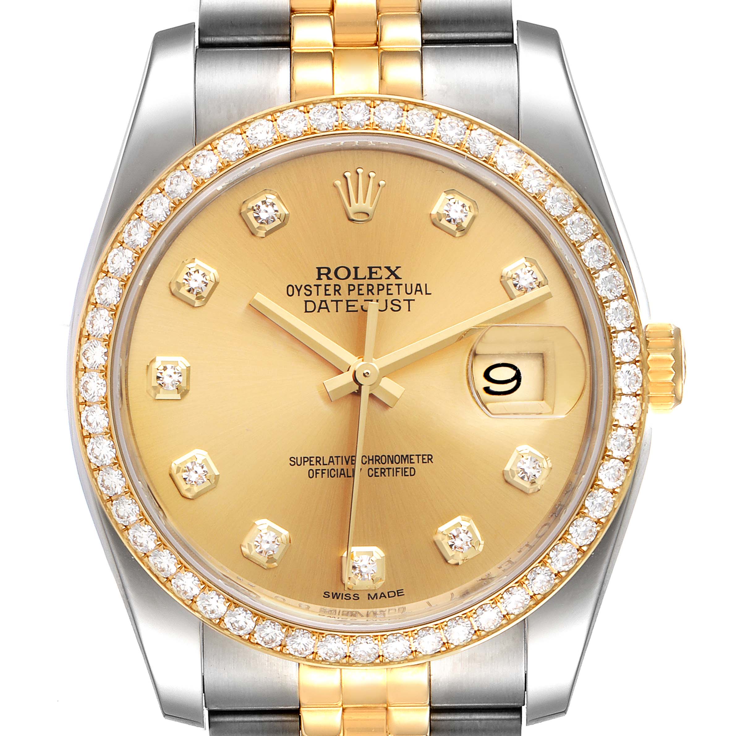 This is a close-up view of the face and parts of the band of a Rolex Datejust 116243 Men's Steel and Gold (two tone) Champagne Dial 116243 Men's Steel and Gold (two tone) Champagne Dial watch.