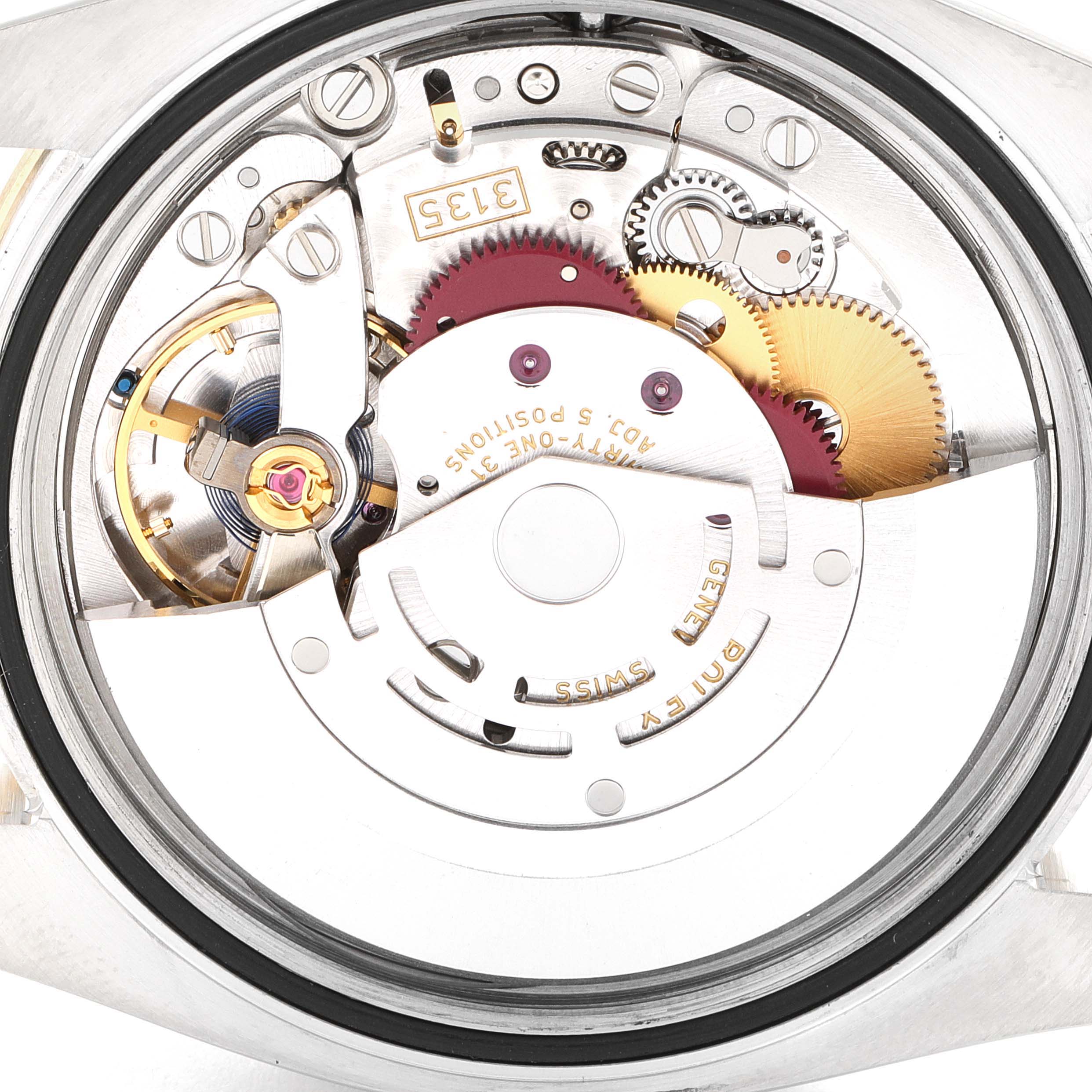 The image shows the internal mechanisms of a Rolex Datejust 116243 Men's Steel and Gold (two tone) Champagne Dial 116243 Men's Steel and Gold (two tone) Champagne Dial watch, viewed from the case back.
