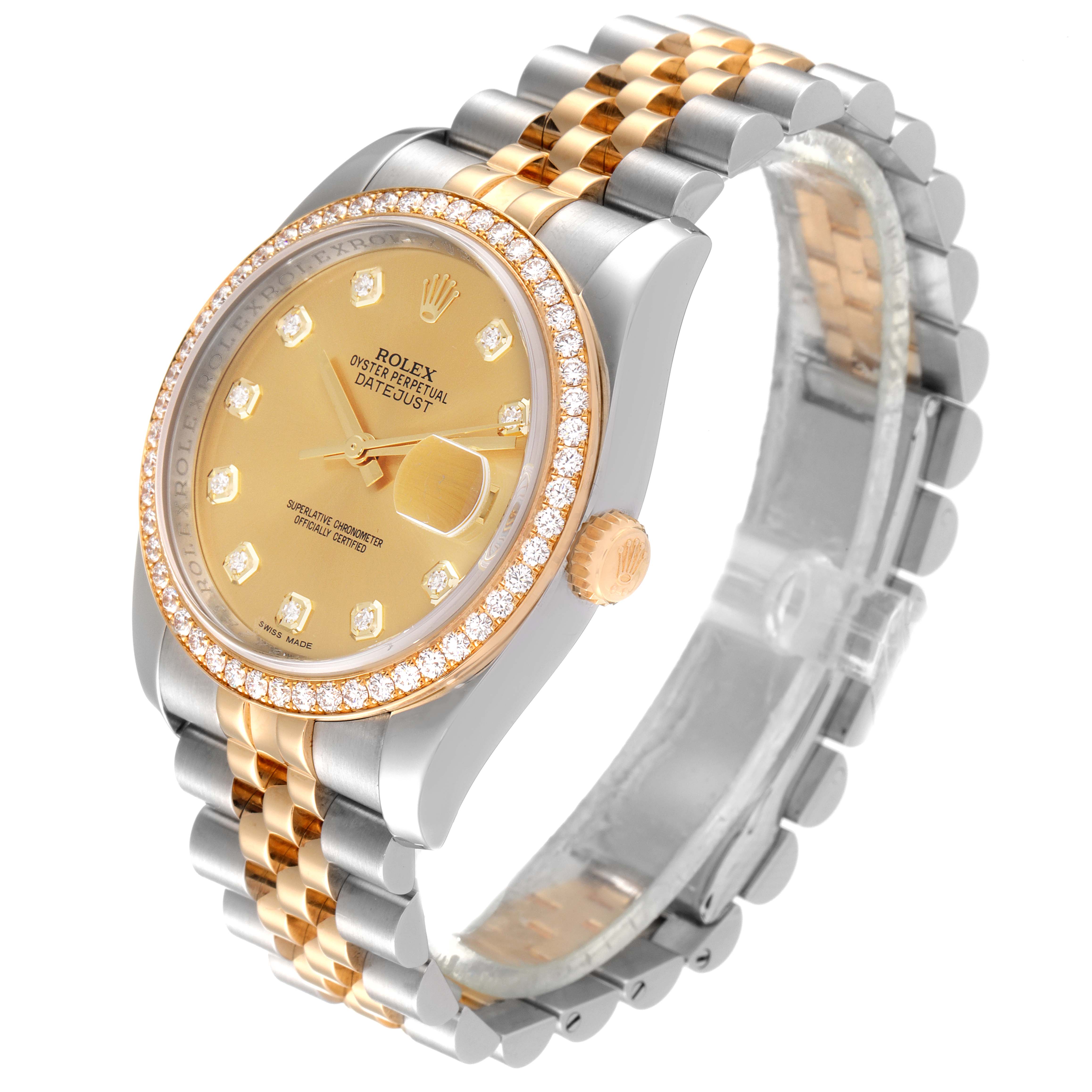 This image shows a Rolex Datejust 116243 Men's Steel and Gold (two tone) Champagne Dial 116243 Men's Steel and Gold (two tone) Champagne Dial watch at an angled view, highlighting its gold dial, diamond bezel, and two-tone bracelet.