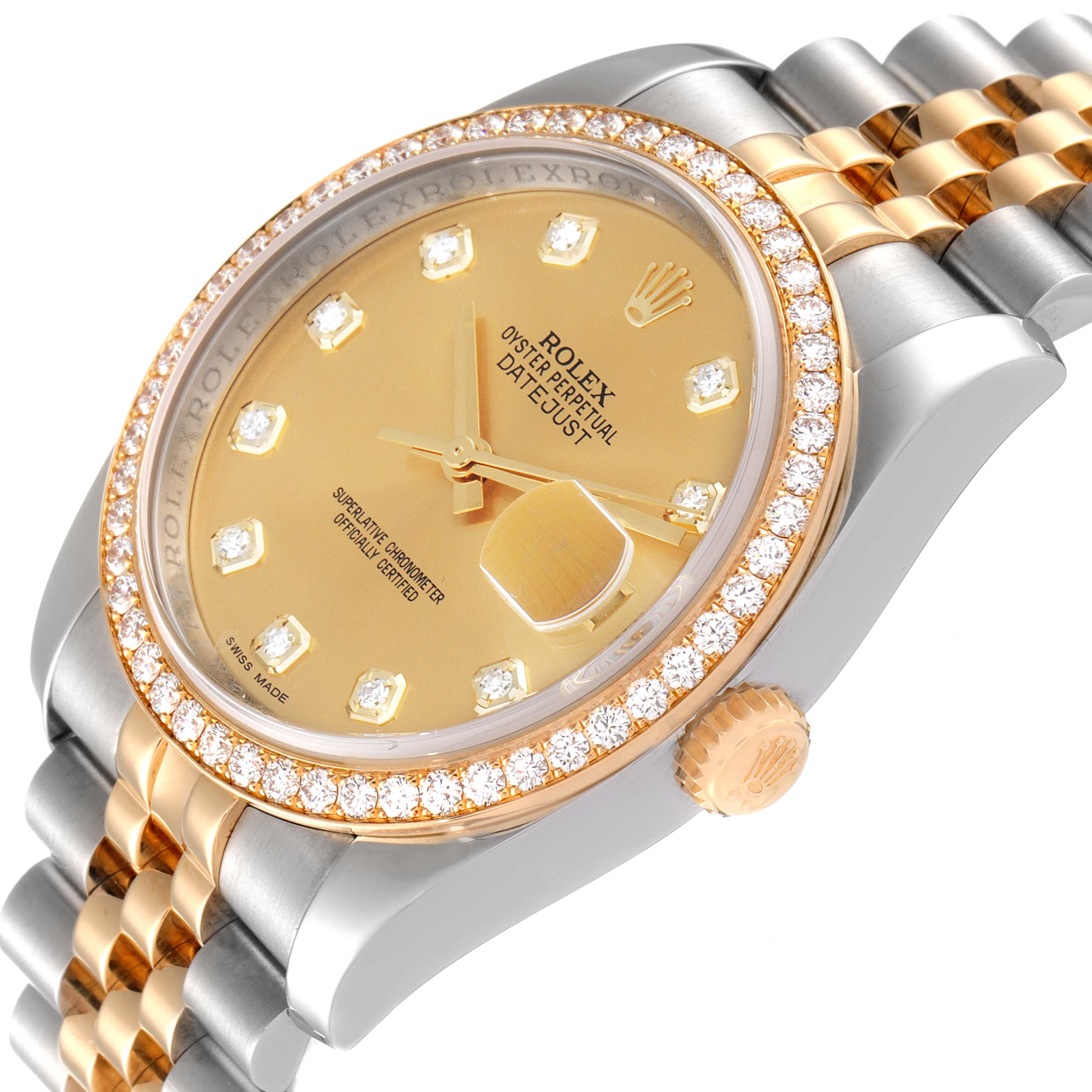 The image shows a close-up angled view of a Rolex Datejust 116243 Men's Steel and Gold (two tone) Champagne Dial 116243 Men's Steel and Gold (two tone) Champagne Dial watch, highlighting the dial, diamond bezel, and part of the bracelet.