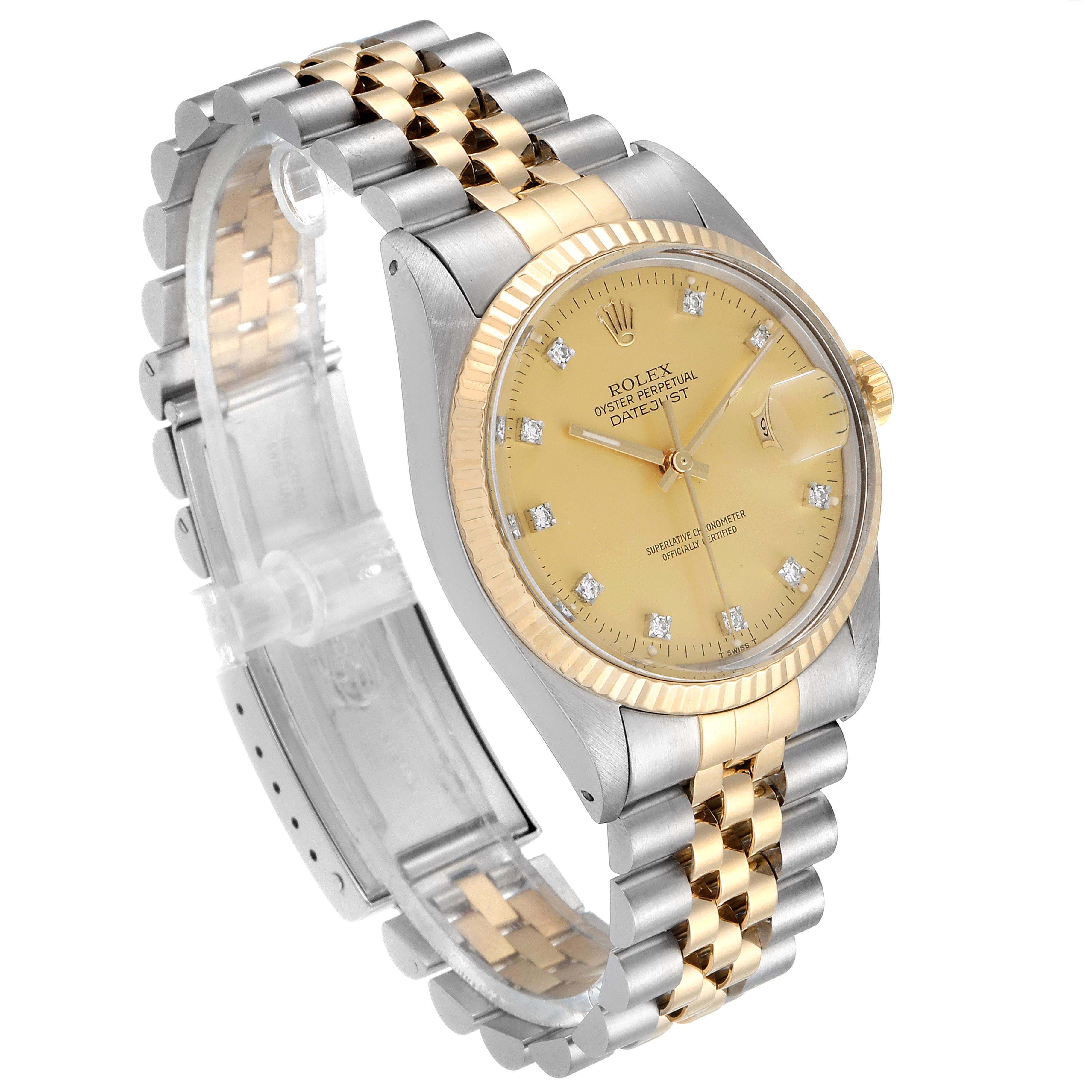 The image shows a Rolex Datejust 16013 Men
s Steel and Gold (two tone) Champagne Dial 16013 Men
s Steel and Gold (two tone) Champagne Dial watch at a front-side angle, highlighting its bracelet, bezel, and dial.