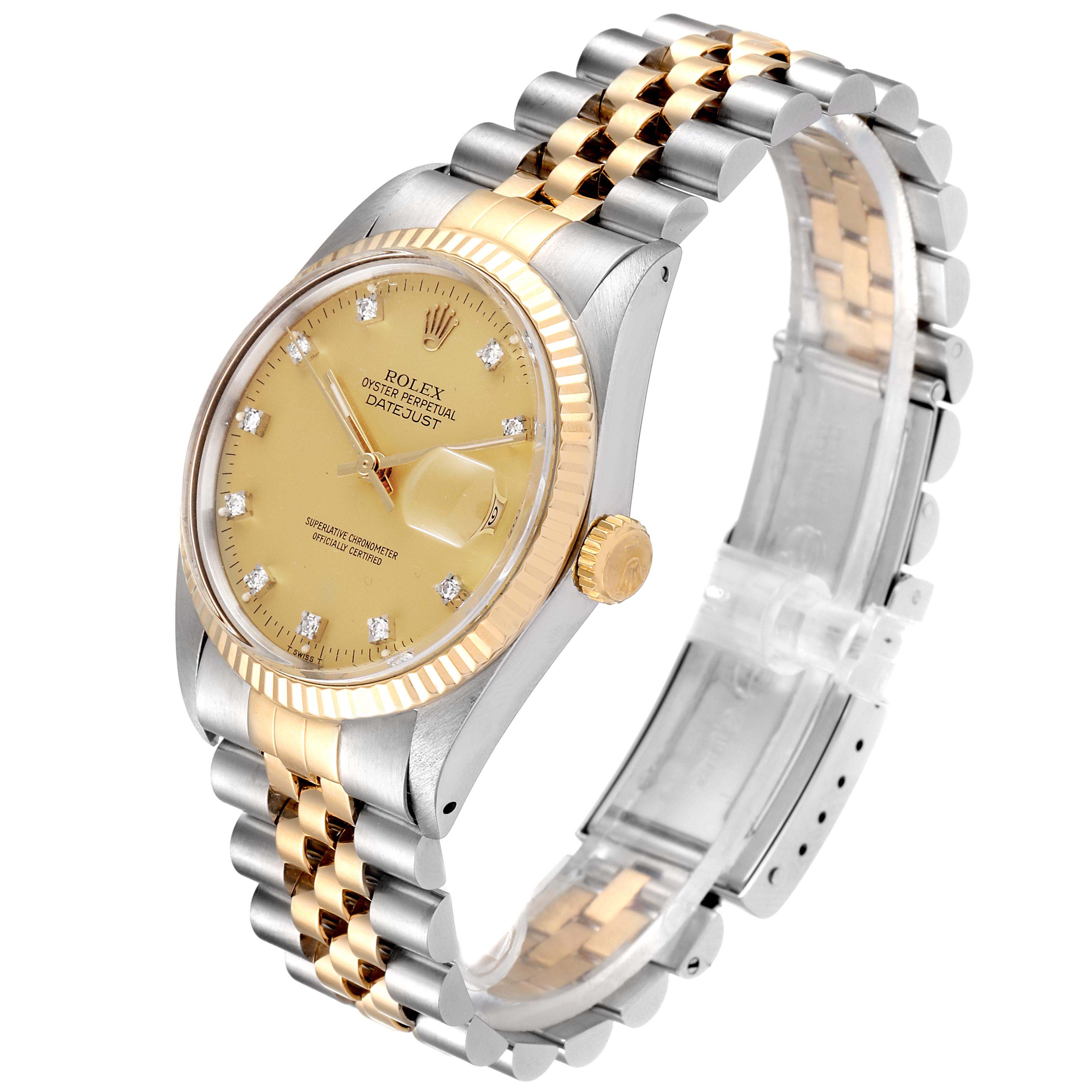 The image shows a Rolex Datejust 16013 Men
s Steel and Gold (two tone) Champagne Dial 16013 Men
s Steel and Gold (two tone) Champagne Dial watch at an angled side view featuring its dial, bezel, case, bracelet, and crown.