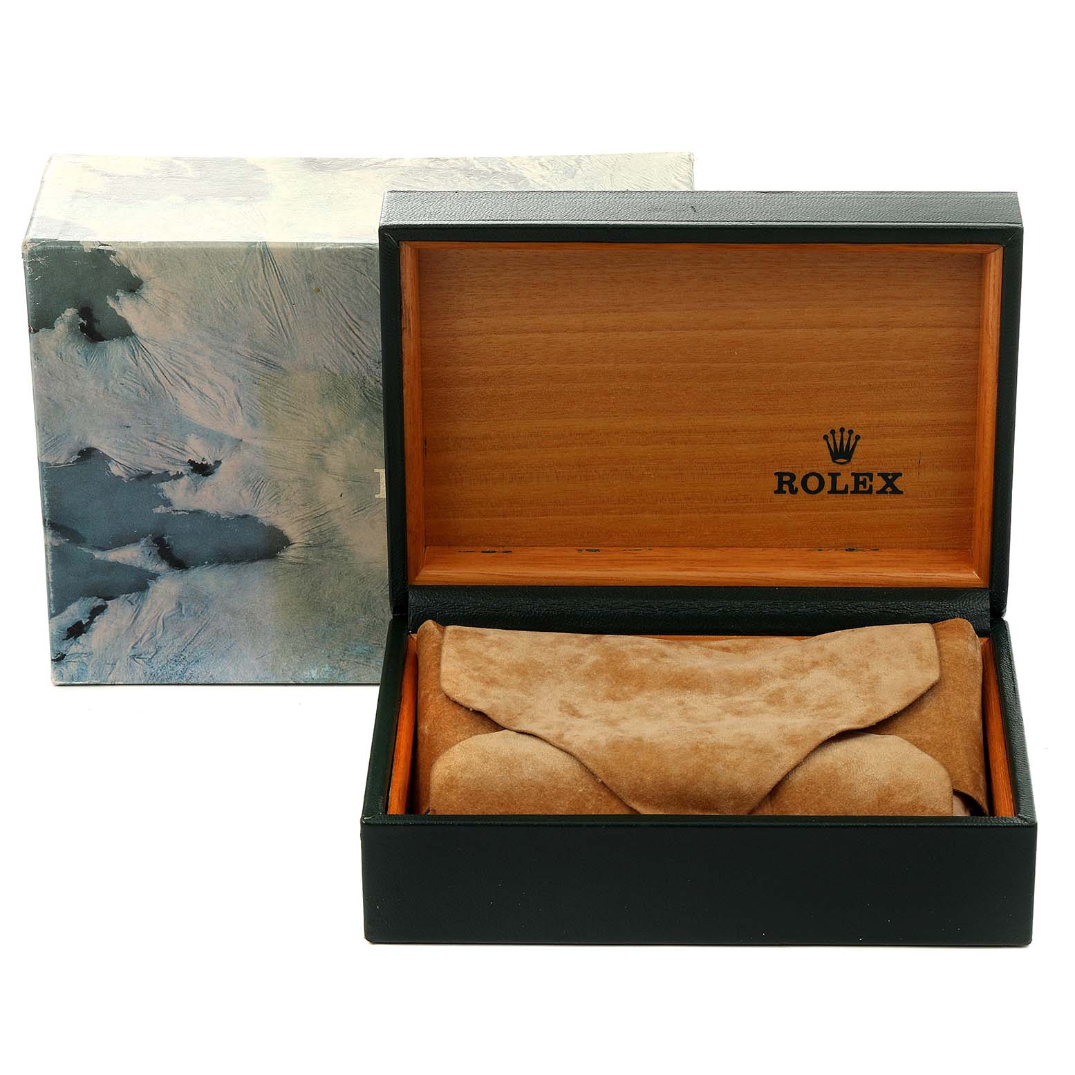 The image shows an open Rolex Datejust 16013 Men
s Steel and Gold (two tone) Champagne Dial 16013 Men
s Steel and Gold (two tone) Champagne Dial watch box with the lining and outer packaging visible.