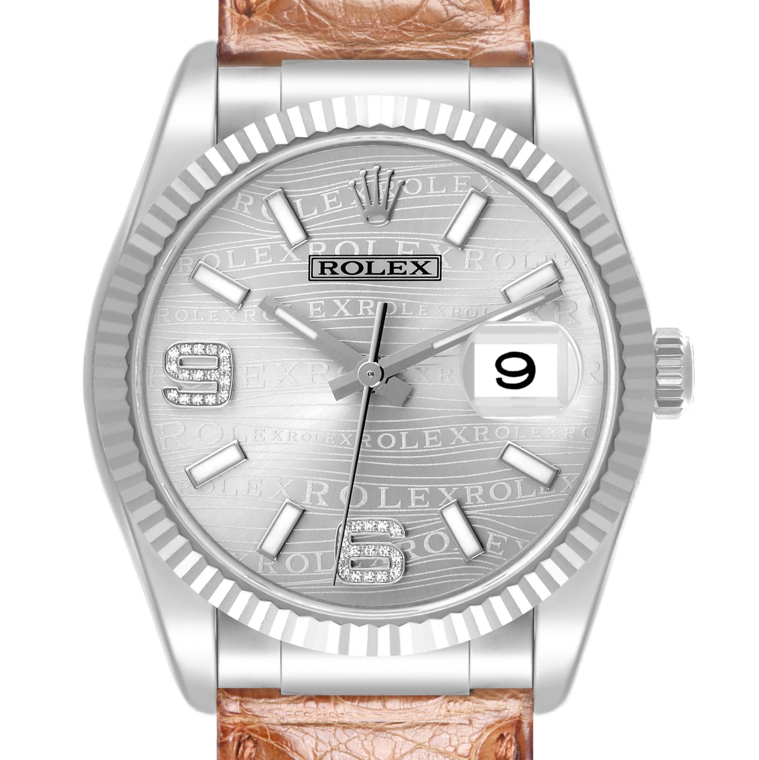 The Rolex Datejust 116139 Men's White Gold Silver Dial 116139 Men's White Gold Silver Dial watch is shown from the front, displaying the dial, hands, date, and part of the strap.