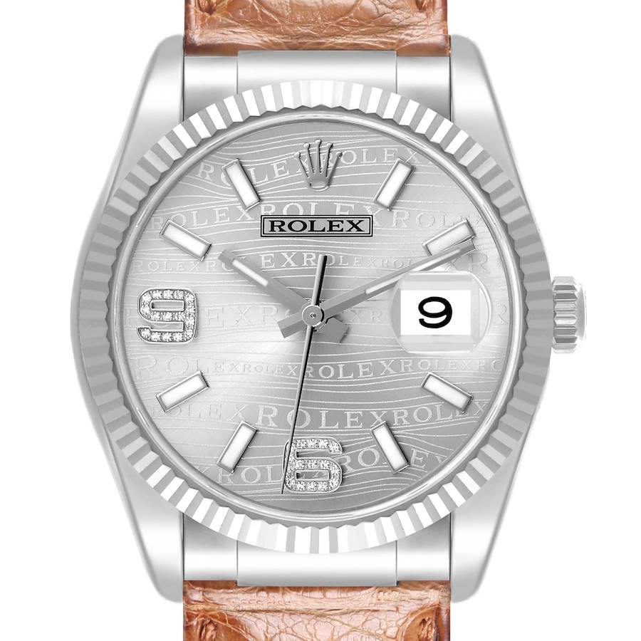 The Rolex Datejust watch is shown from the front, displaying the dial, hands, date, and part of the strap.