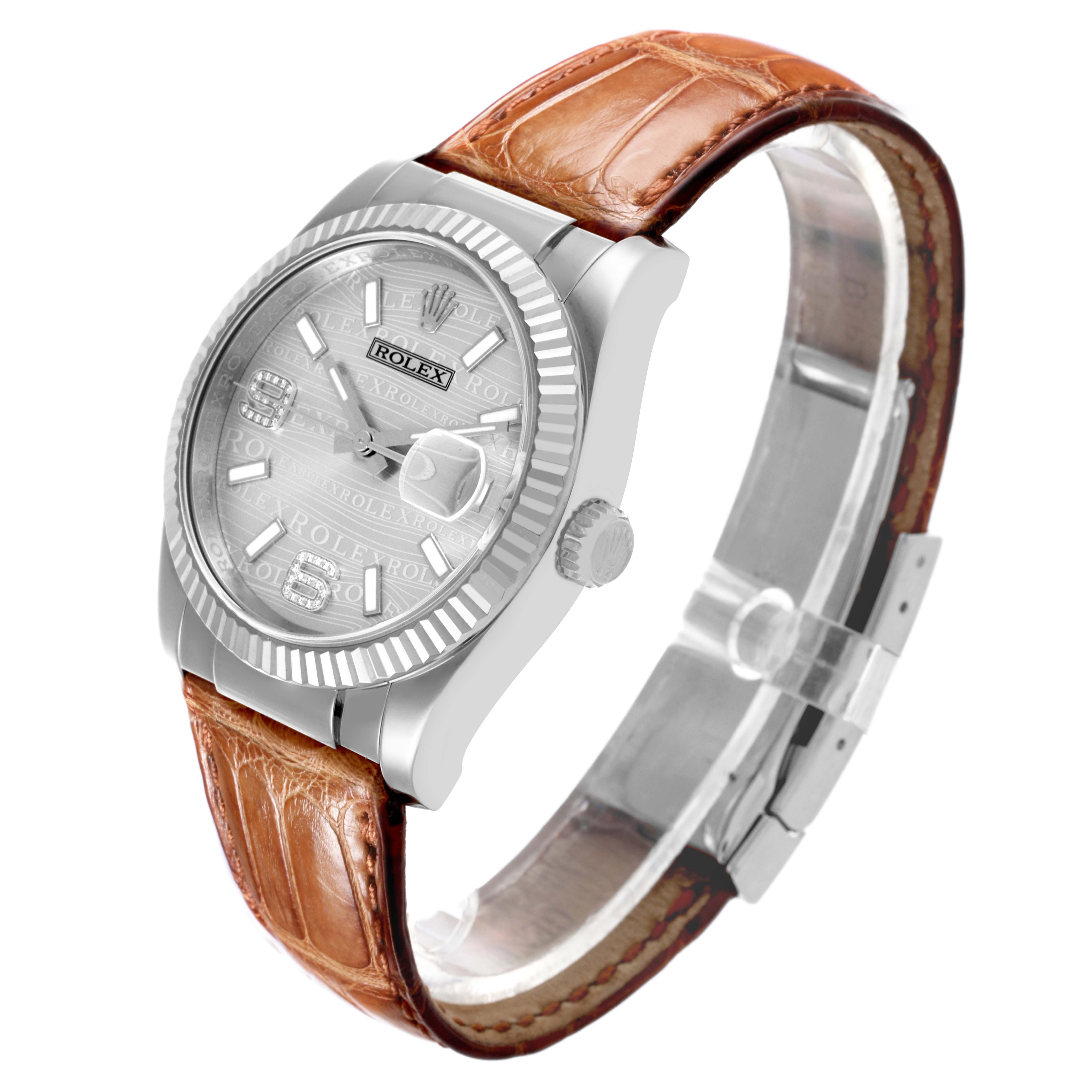 The Rolex Datejust 116139 Men's White Gold Silver Dial 116139 Men's White Gold Silver Dial watch is shown from a front-side angle, displaying the face, bezel, crown, and brown leather strap.