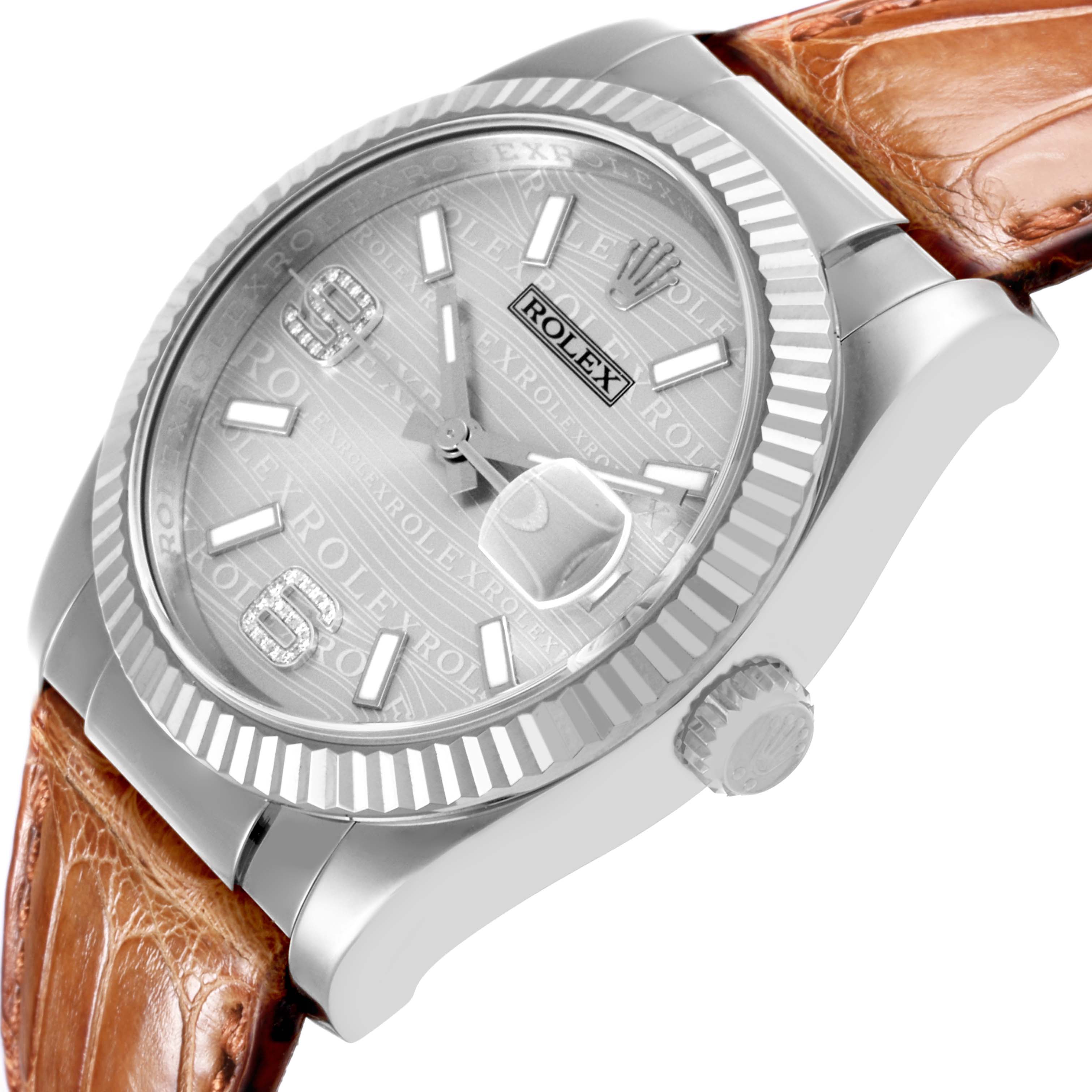 The Rolex Datejust 116139 Men's White Gold Silver Dial 116139 Men's White Gold Silver Dial watch is shown from a front-side angle, highlighting the bezel, dial, and leather strap.