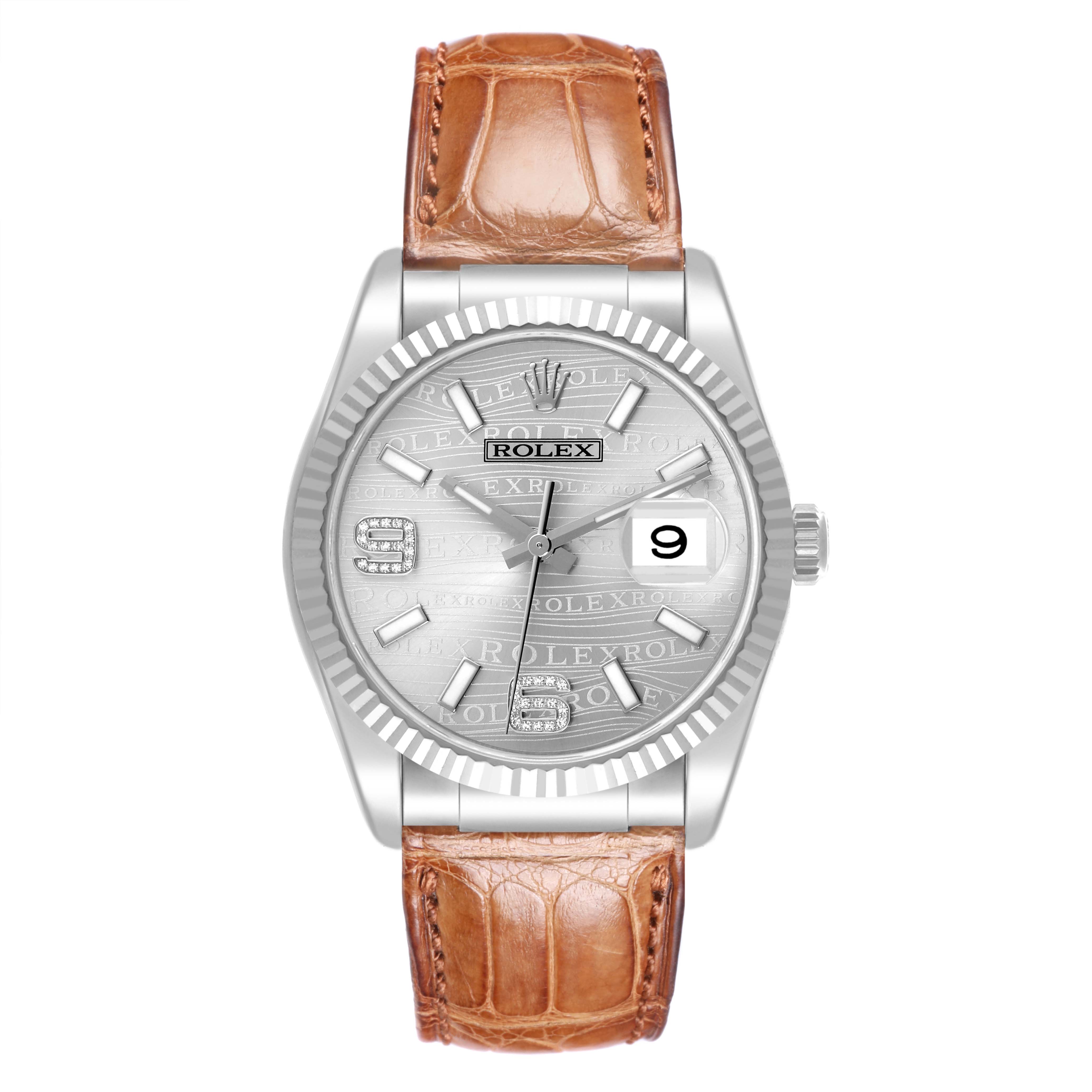 The Rolex Datejust 116139 Men's White Gold Silver Dial 116139 Men's White Gold Silver Dial watch is shown from the front, displaying the entire face, bezel, and leather strap.