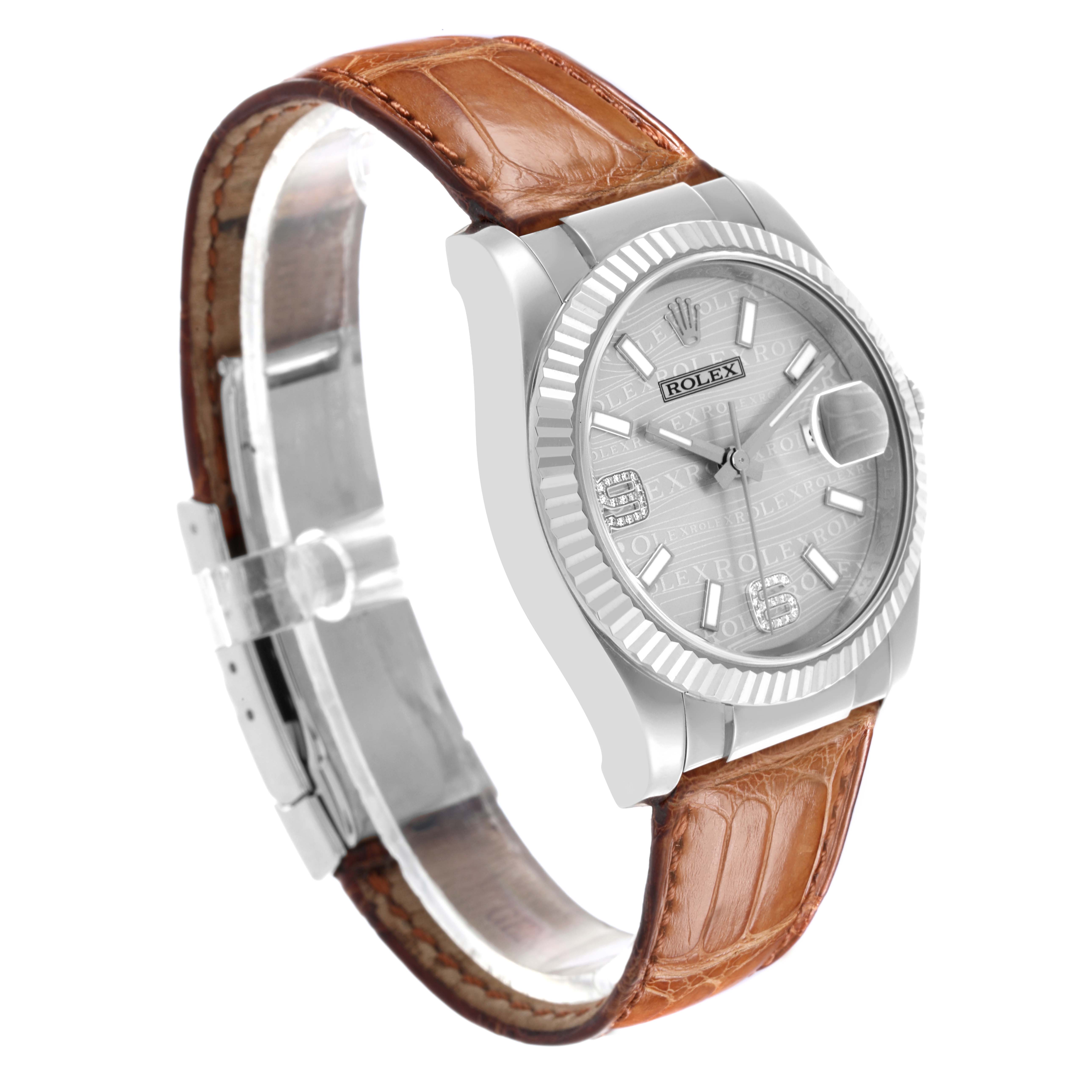 The Rolex Datejust 116139 Men's White Gold Silver Dial 116139 Men's White Gold Silver Dial watch is shown at an angled side view, displaying its face, bezel, and brown leather strap.