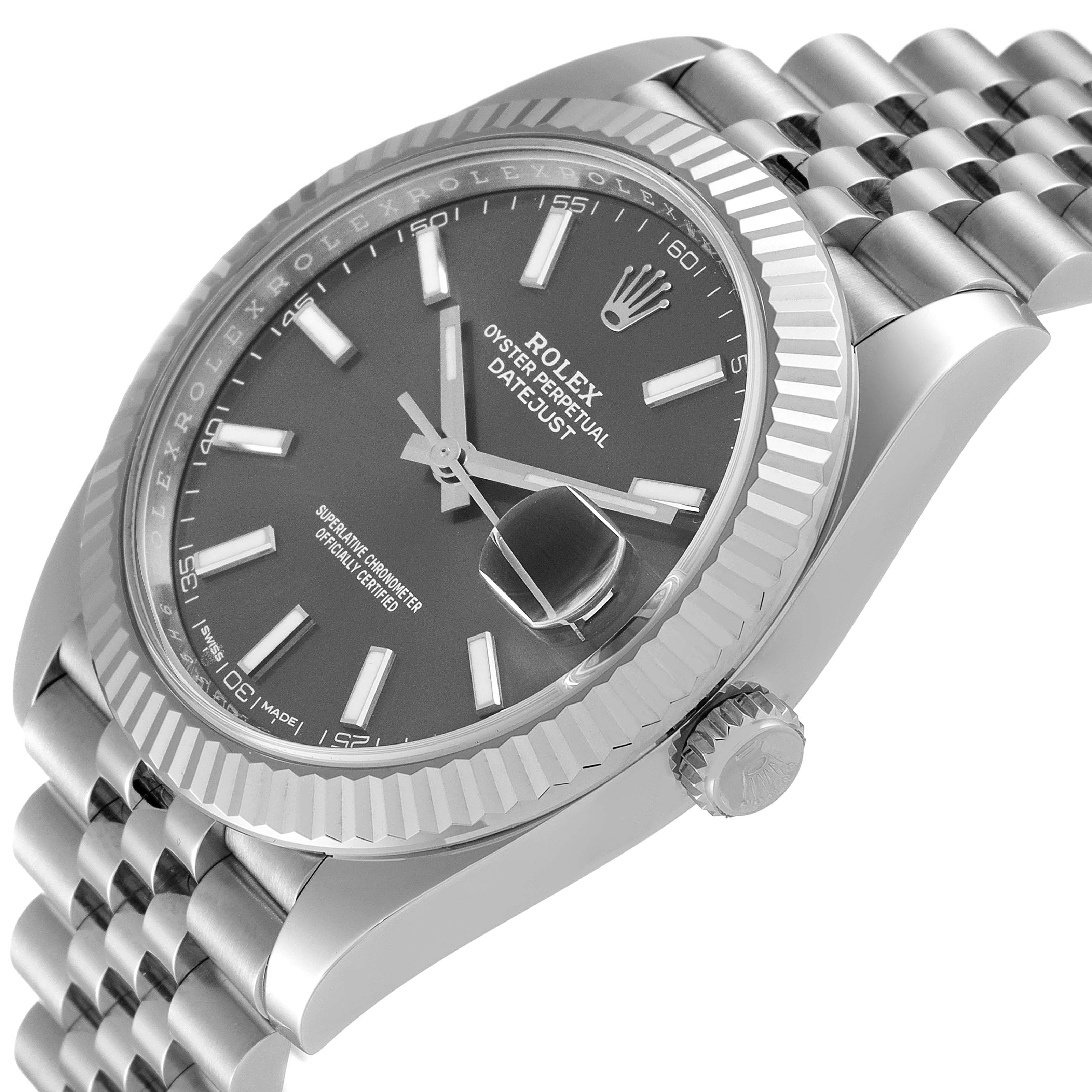 The image shows a side angle of the Rolex Datejust 41 126334 Men's Stainless Steel Grey Dial 126334 Men's Stainless Steel Grey Dial, highlighting its dial, fluted bezel, and jubilee bracelet.