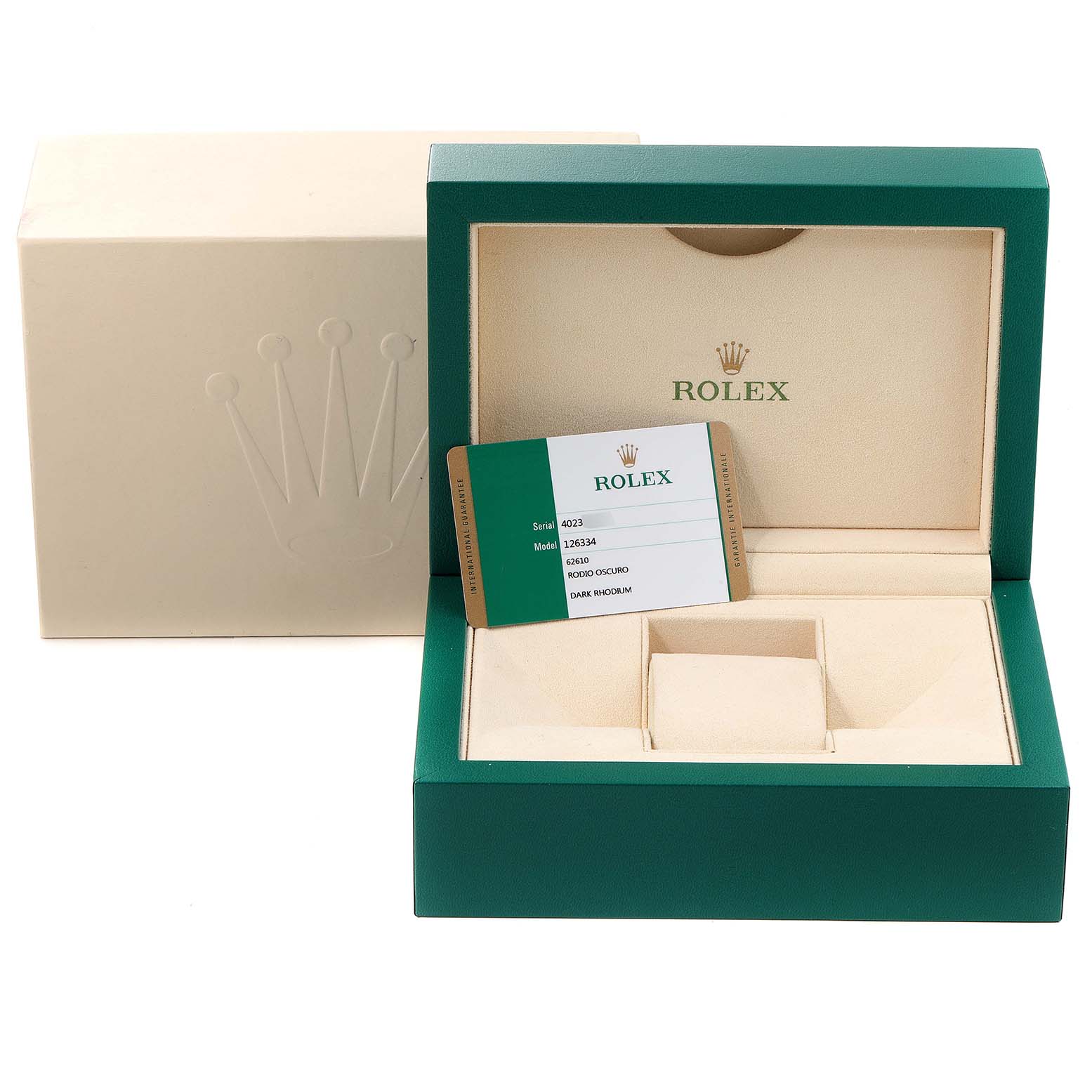 The image shows the packaging and card of a Rolex Datejust 41 126334 Men's Stainless Steel Grey Dial 126334 Men's Stainless Steel Grey Dial, including an open green and beige box and a warranty card.