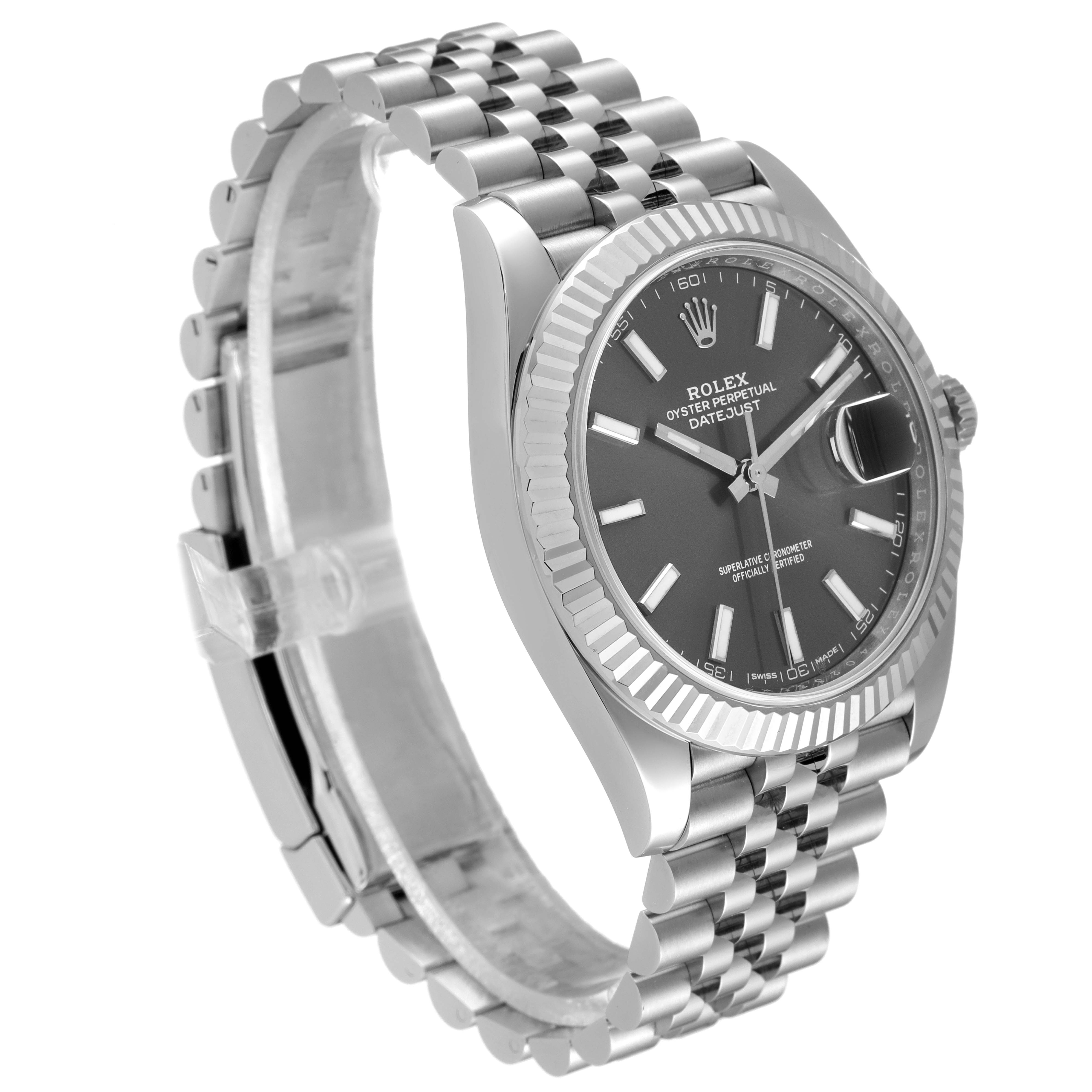 This image shows a Rolex Datejust 41 126334 Men's Stainless Steel Grey Dial 126334 Men's Stainless Steel Grey Dial watch at an angled side view highlighting its bracelet and face.