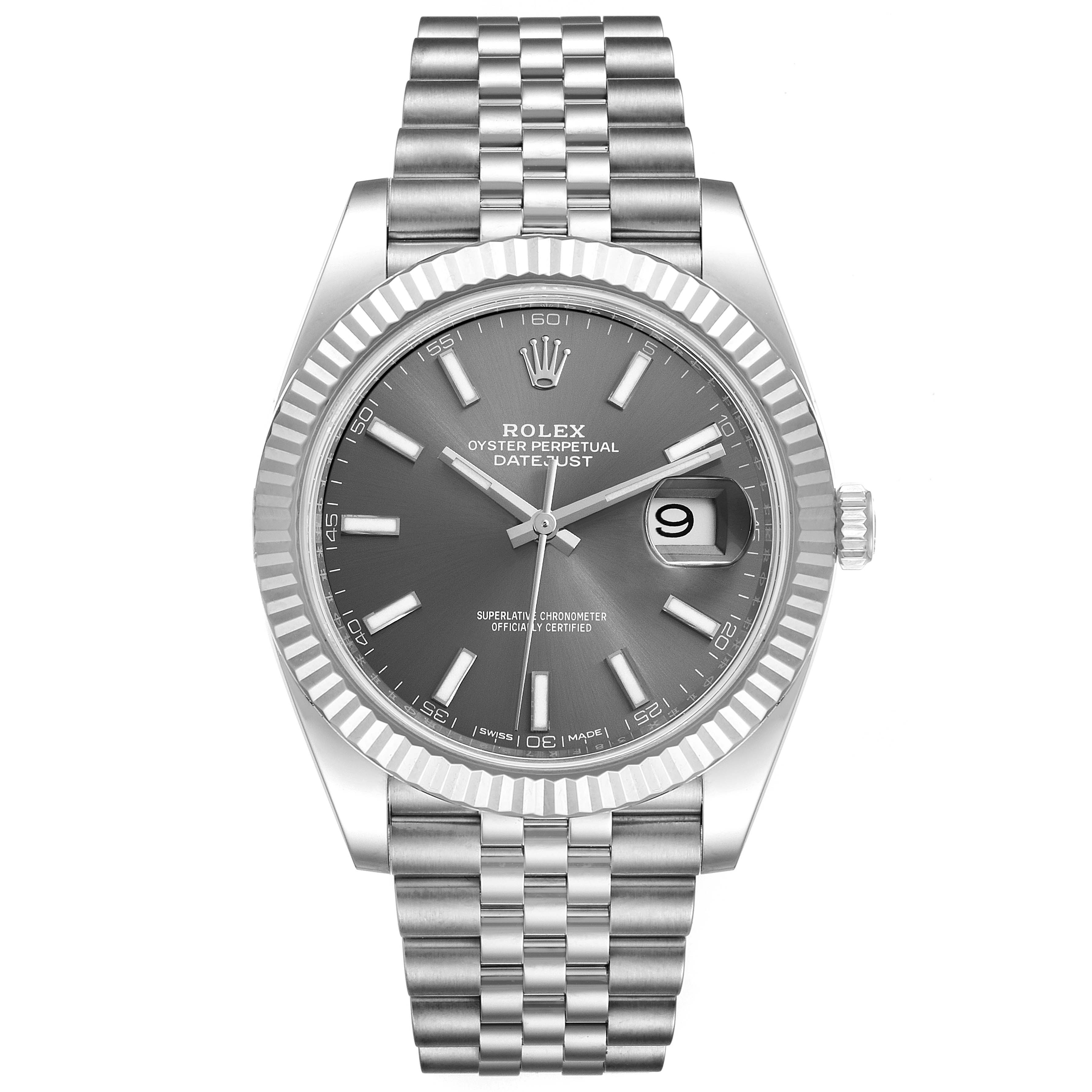 The image shows a front view of the Rolex Datejust 41 126334 Men's Stainless Steel Grey Dial 126334 Men's Stainless Steel Grey Dial watch, highlighting its gray dial, jubilee bracelet, and fluted bezel.