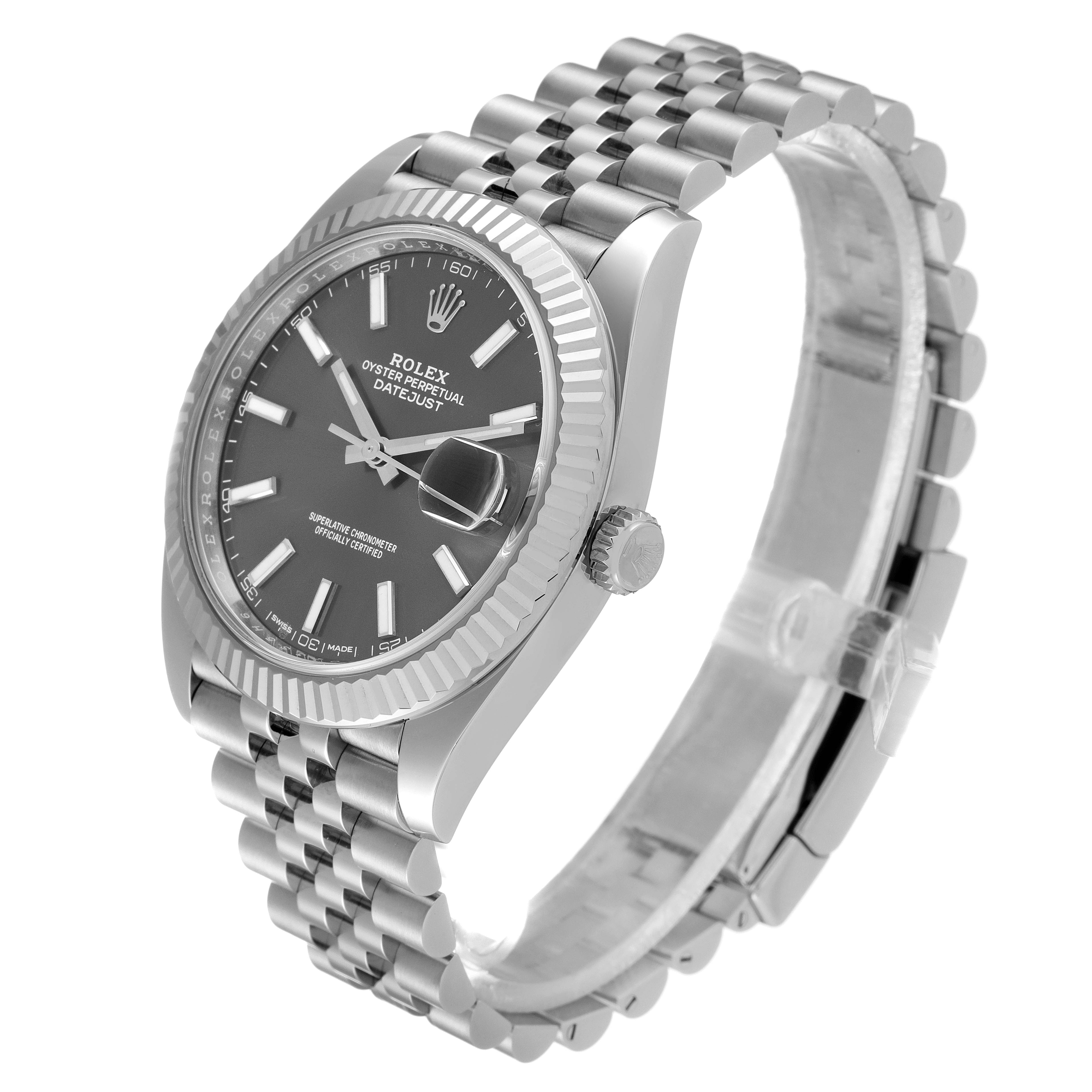 The Rolex Datejust 41 126334 Men's Stainless Steel Grey Dial 126334 Men's Stainless Steel Grey Dial watch in this image is shown at an angled side view, highlighting the face, bezel, crown, and bracelet.