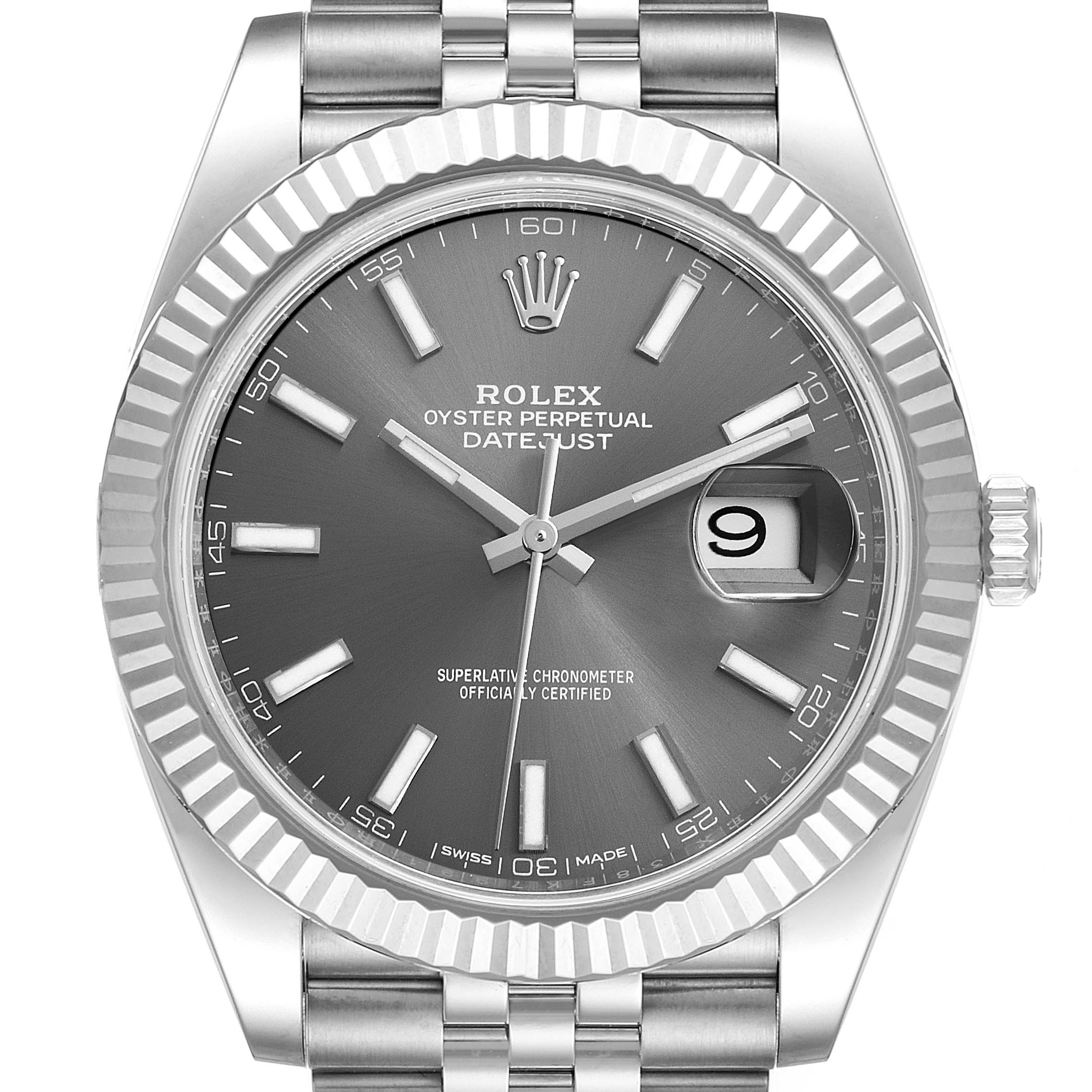 This image shows a head-on view of the Rolex Datejust 41 126334 Men's Stainless Steel Grey Dial 126334 Men's Stainless Steel Grey Dial, highlighting the dial, bezel, crown, and parts of the bracelet.