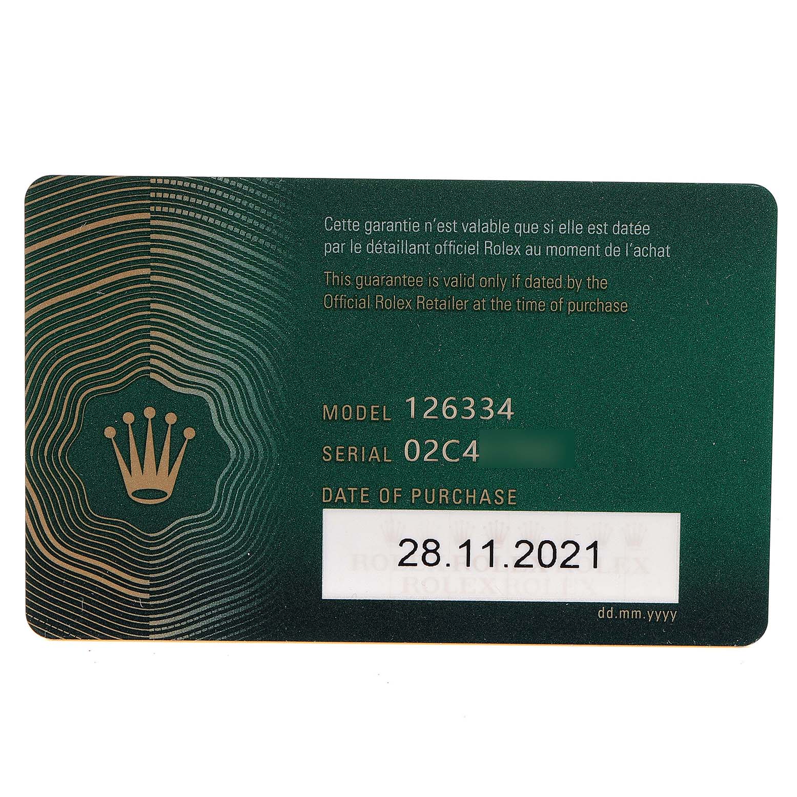 The image shows a warranty card associated with the Rolex Datejust 41 126334 Men's Stainless Steel Silver Dial 126334 Men's Stainless Steel Silver Dial model, detailing the model, serial number, and date of purchase.