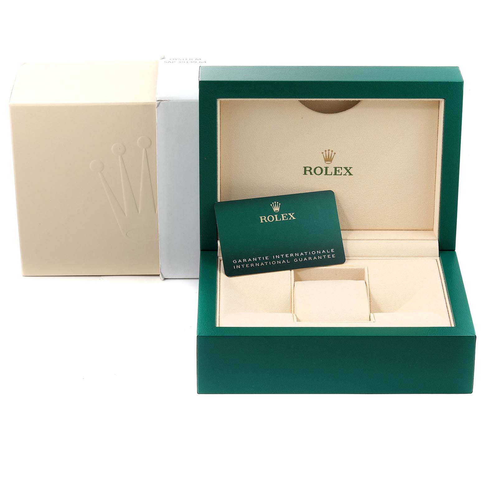 The image shows the packaging, inner box, and international guarantee card for the Rolex Datejust 41 126334 Men's Stainless Steel Silver Dial 126334 Men's Stainless Steel Silver Dial model.
