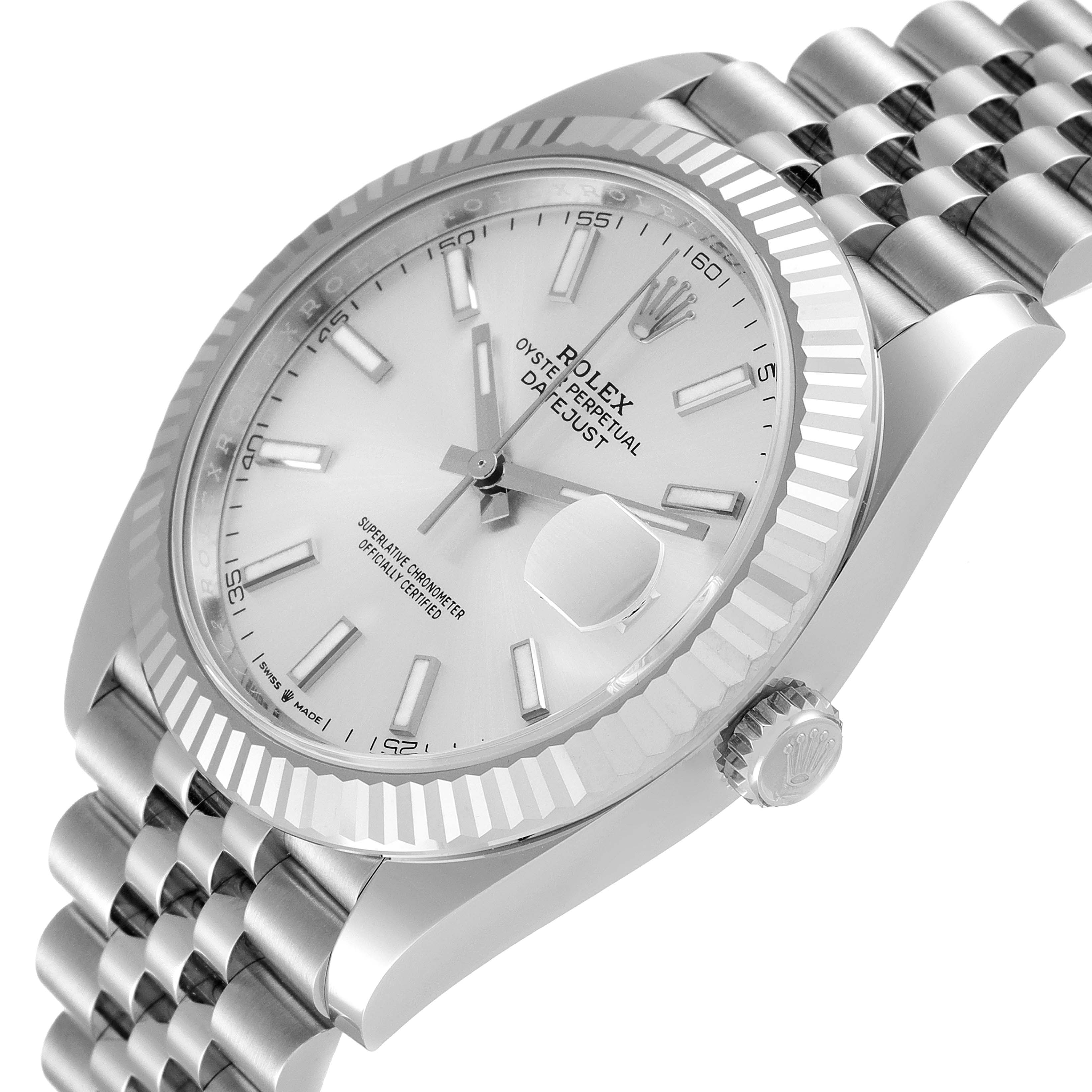 The Rolex Datejust 41 126334 Men's Stainless Steel Silver Dial 126334 Men's Stainless Steel Silver Dial is shown at an angle highlighting the dial, bezel, crown, and part of the bracelet.