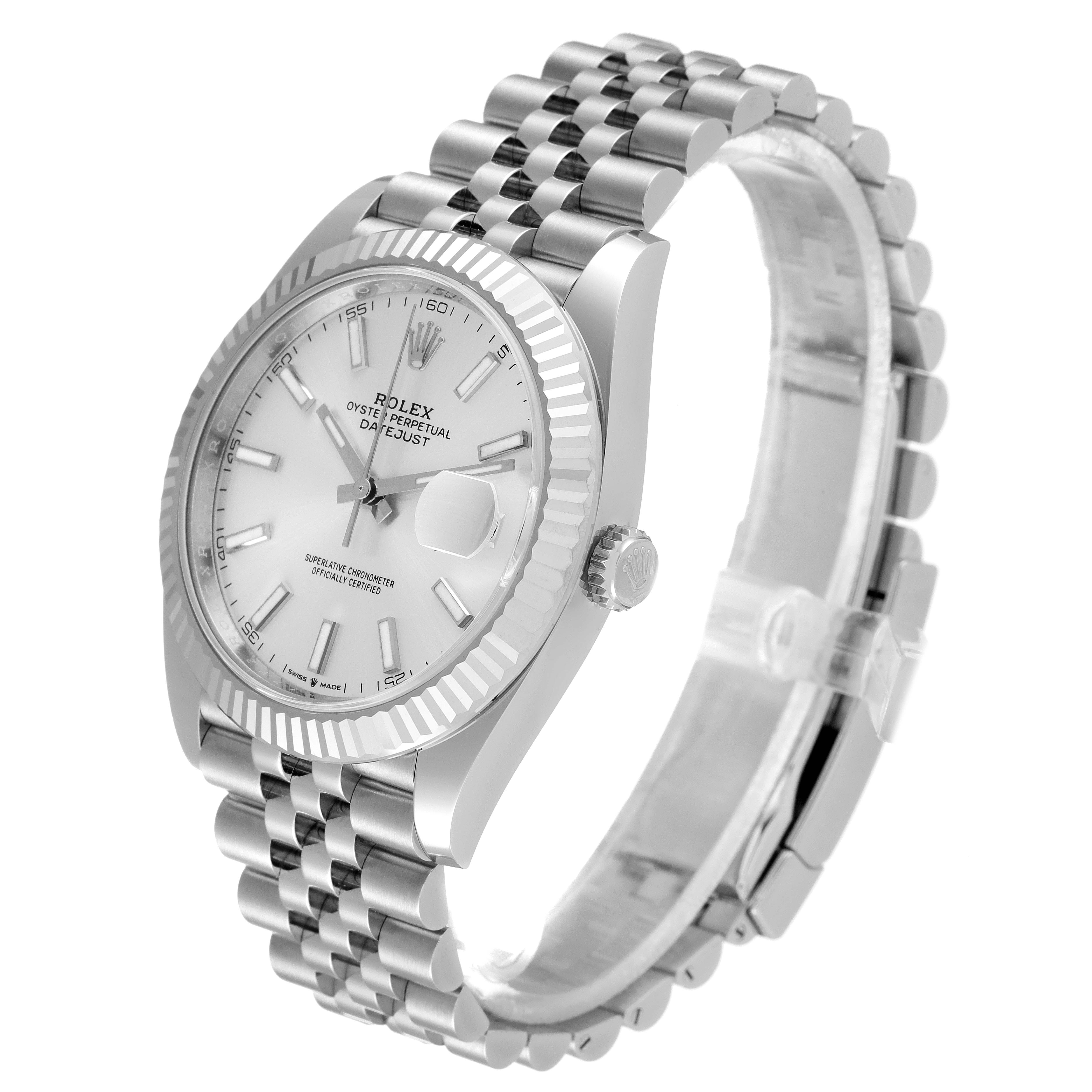 This image shows a Rolex Datejust 41 126334 Men's Stainless Steel Silver Dial 126334 Men's Stainless Steel Silver Dial watch at a front-side angle highlighting the dial, bracelet, and crown.