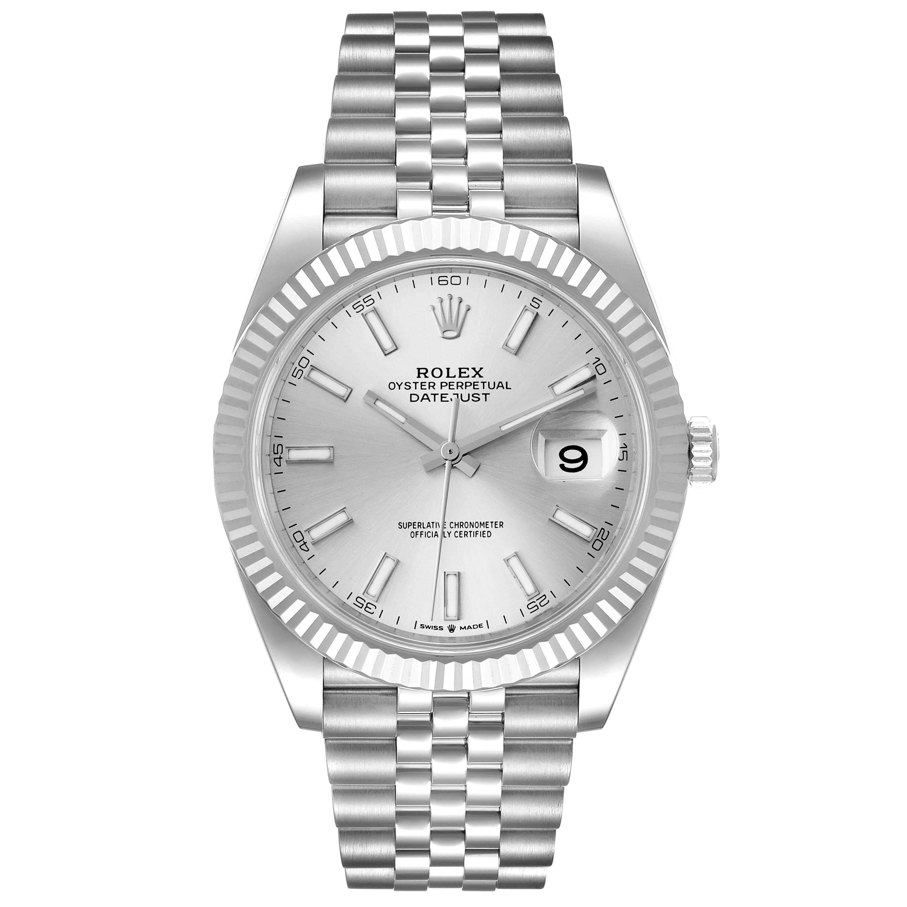 This image shows a front view of the Rolex Datejust 41 126334 Men's Stainless Steel Silver Dial 126334 Men's Stainless Steel Silver Dial watch, highlighting the dial, bezel, bracelet, and date function.