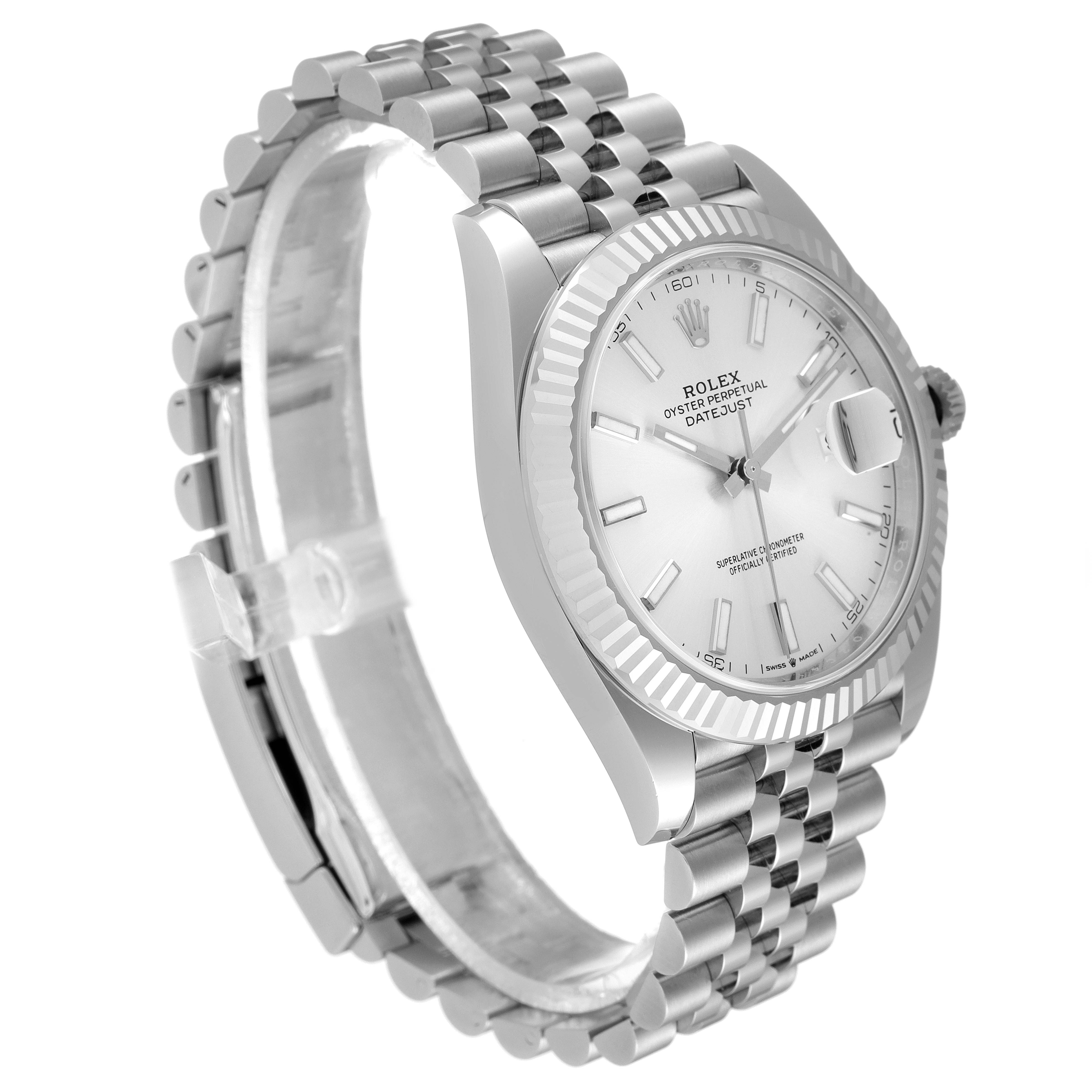 The image shows a Rolex Datejust 41 126334 Men's Stainless Steel Silver Dial 126334 Men's Stainless Steel Silver Dial watch viewed from a slight side angle, highlighting the bracelet, dial, and fluted bezel.