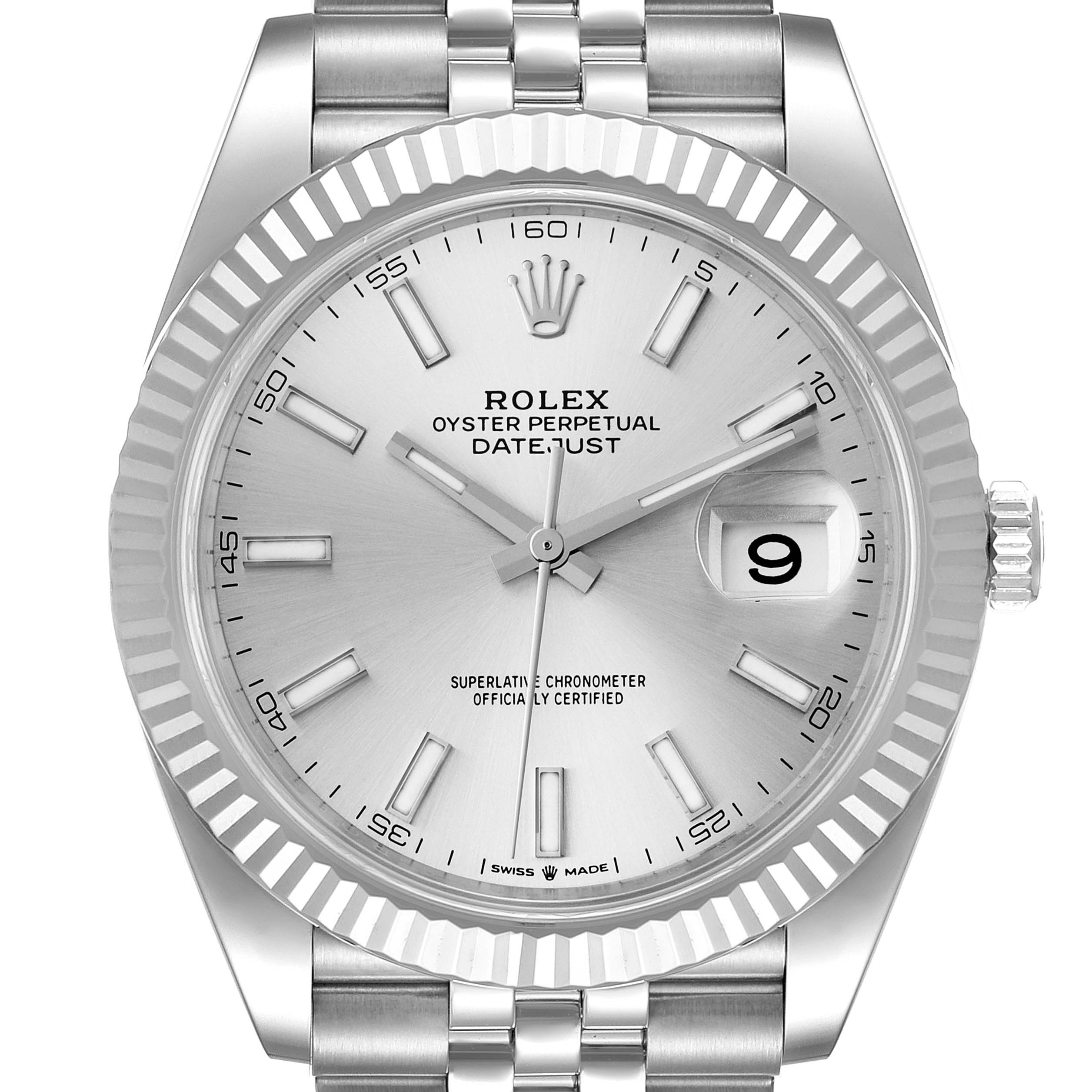 This image shows a head-on view of the Rolex Datejust 41 126334 Men's Stainless Steel Silver Dial 126334 Men's Stainless Steel Silver Dial watch, highlighting its face, bezel, and part of the bracelet.