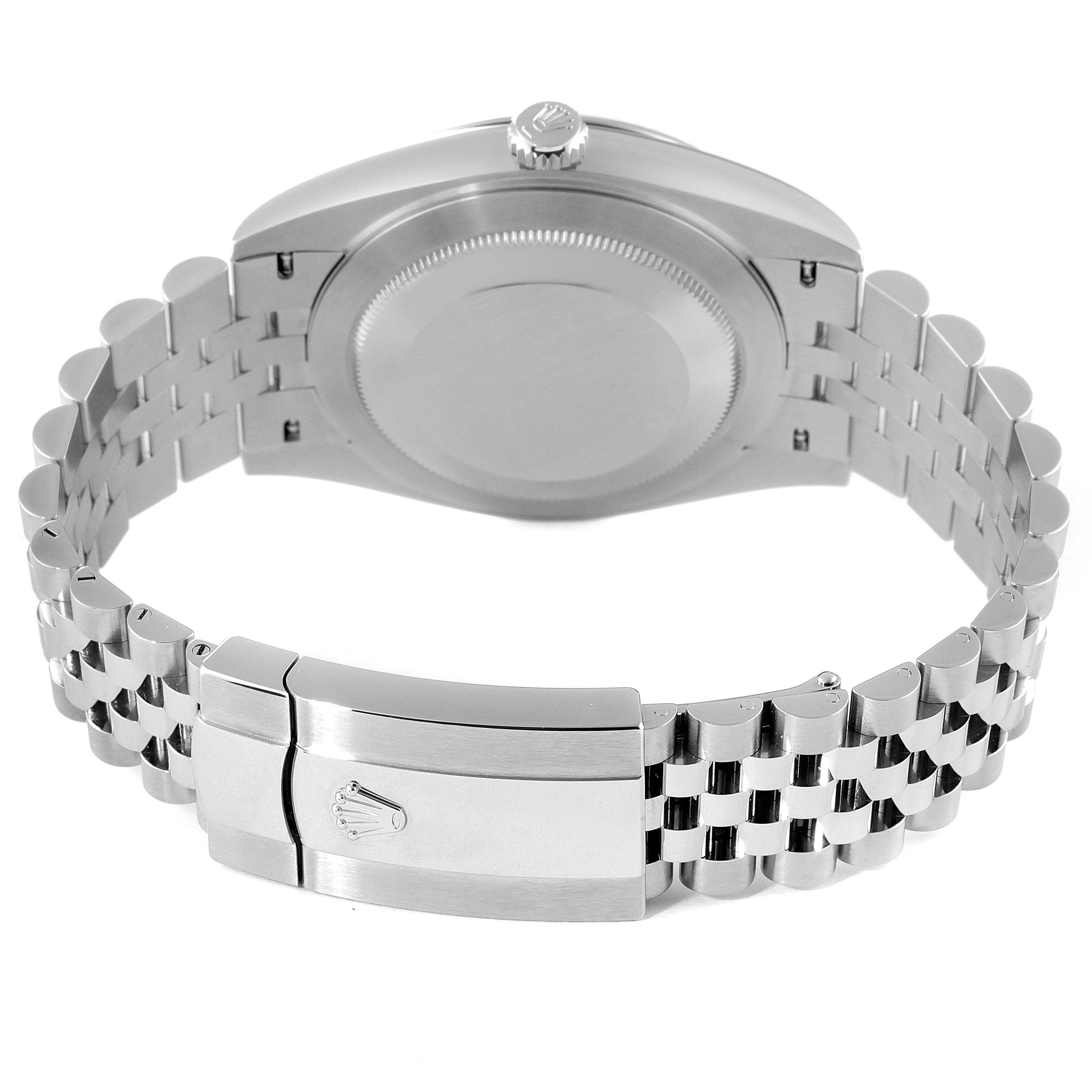 The image shows the back case and clasp of a Rolex Datejust 41 126334 Men's Stainless Steel Silver Dial 126334 Men's Stainless Steel Silver Dial watch, highlighting the bracelet and crown logo.