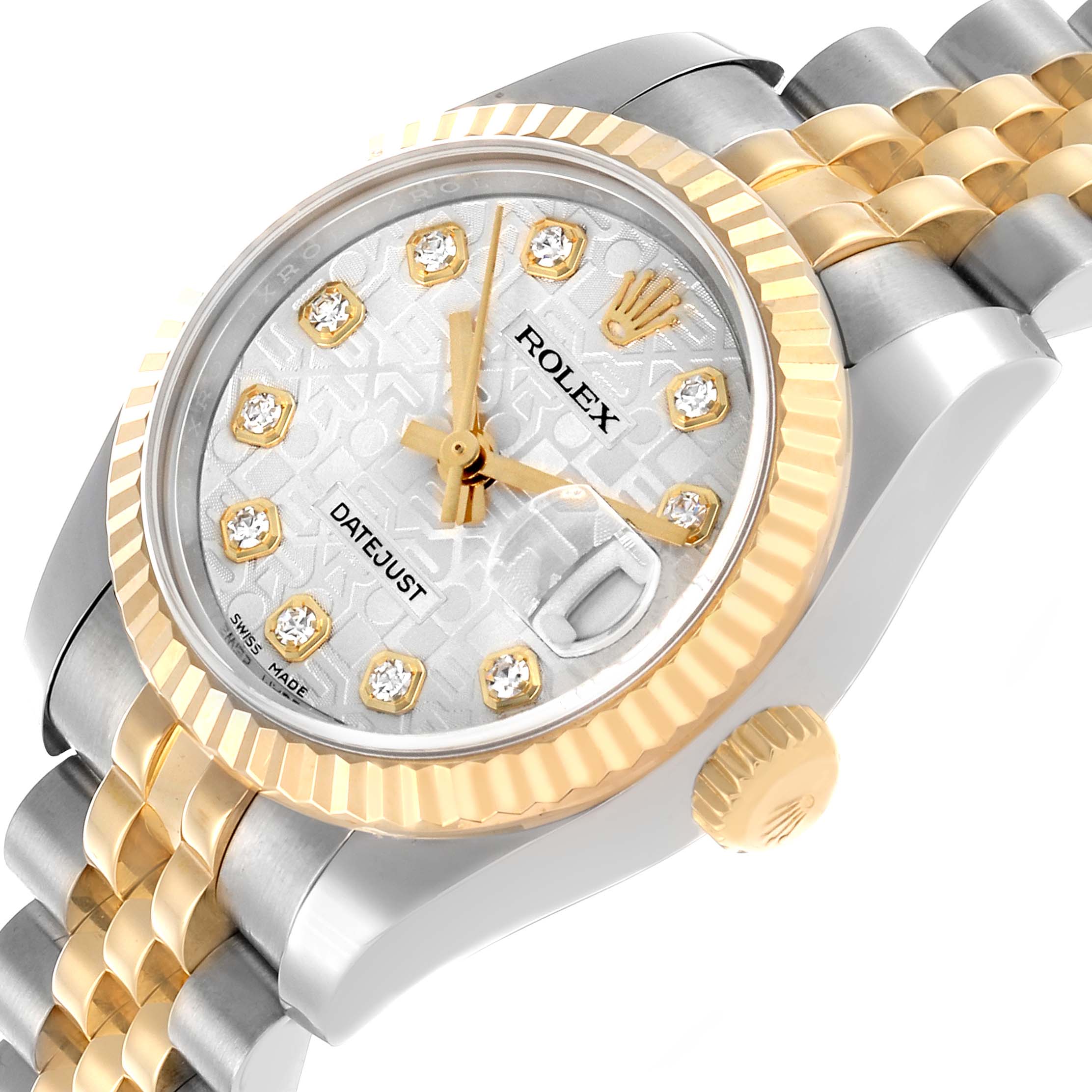 The Rolex Datejust 179173 Women's Steel and Gold (two tone) Silver Dial watch is shown from a front-side angle, highlighting the dial, fluted bezel, and bracelet links.