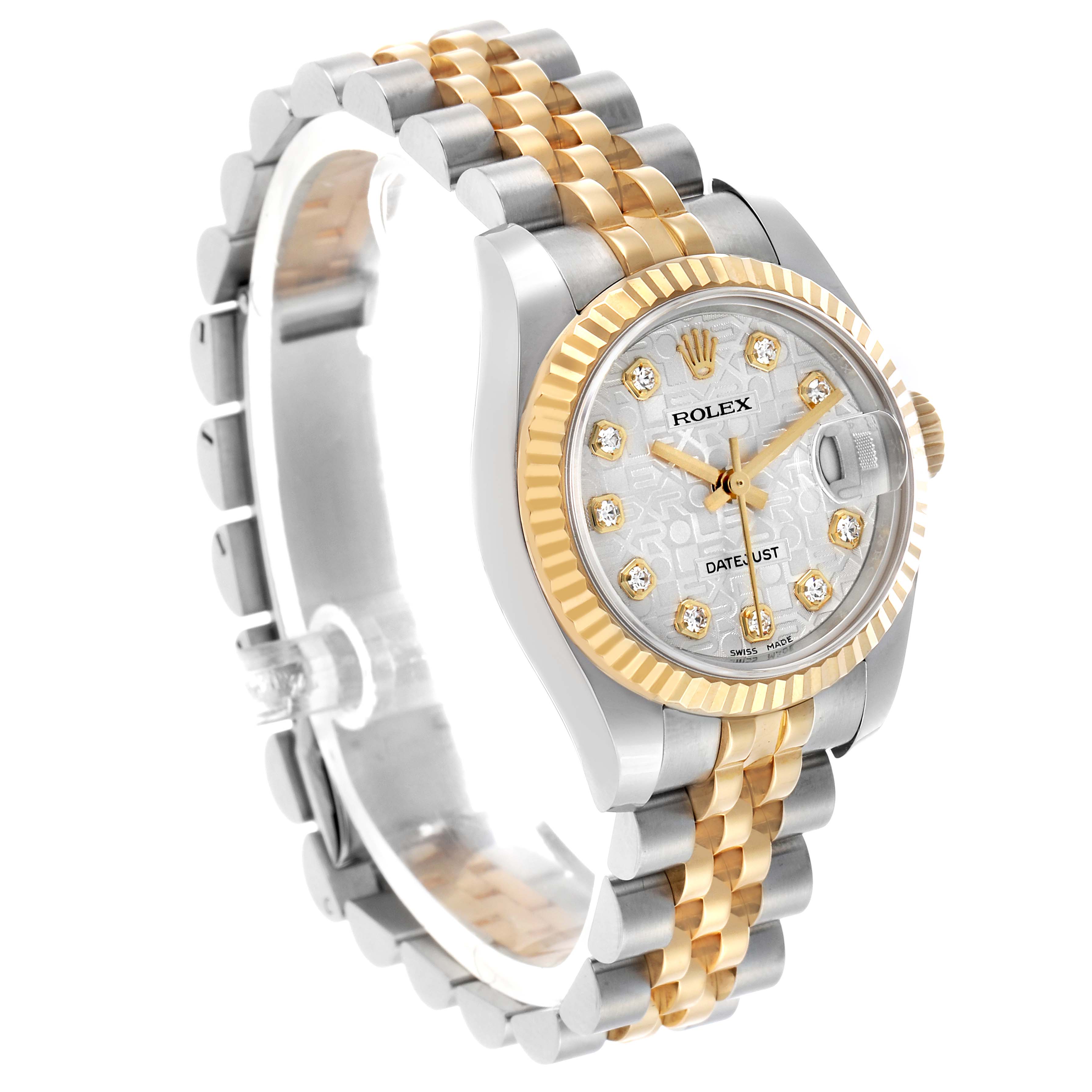 The Rolex Datejust 179173 Women's Steel and Gold (two tone) Silver Dial watch is shown in a three-quarter angle highlighting the two-tone bracelet, case, and diamond-studded dial.