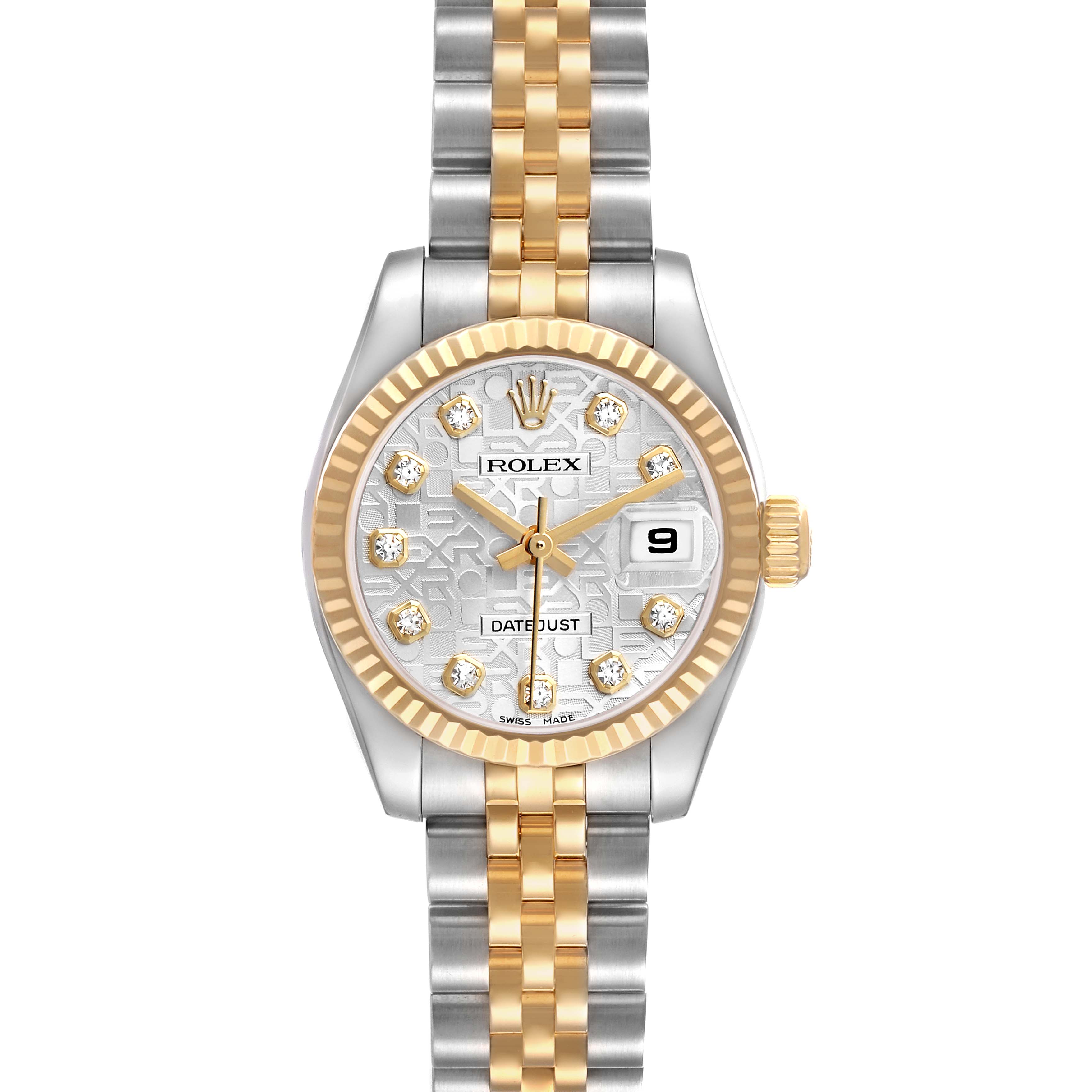 The Rolex Datejust 179173 Women's Steel and Gold (two tone) Silver Dial watch is shown from the front, displaying the dial, bezel, and bracelet.