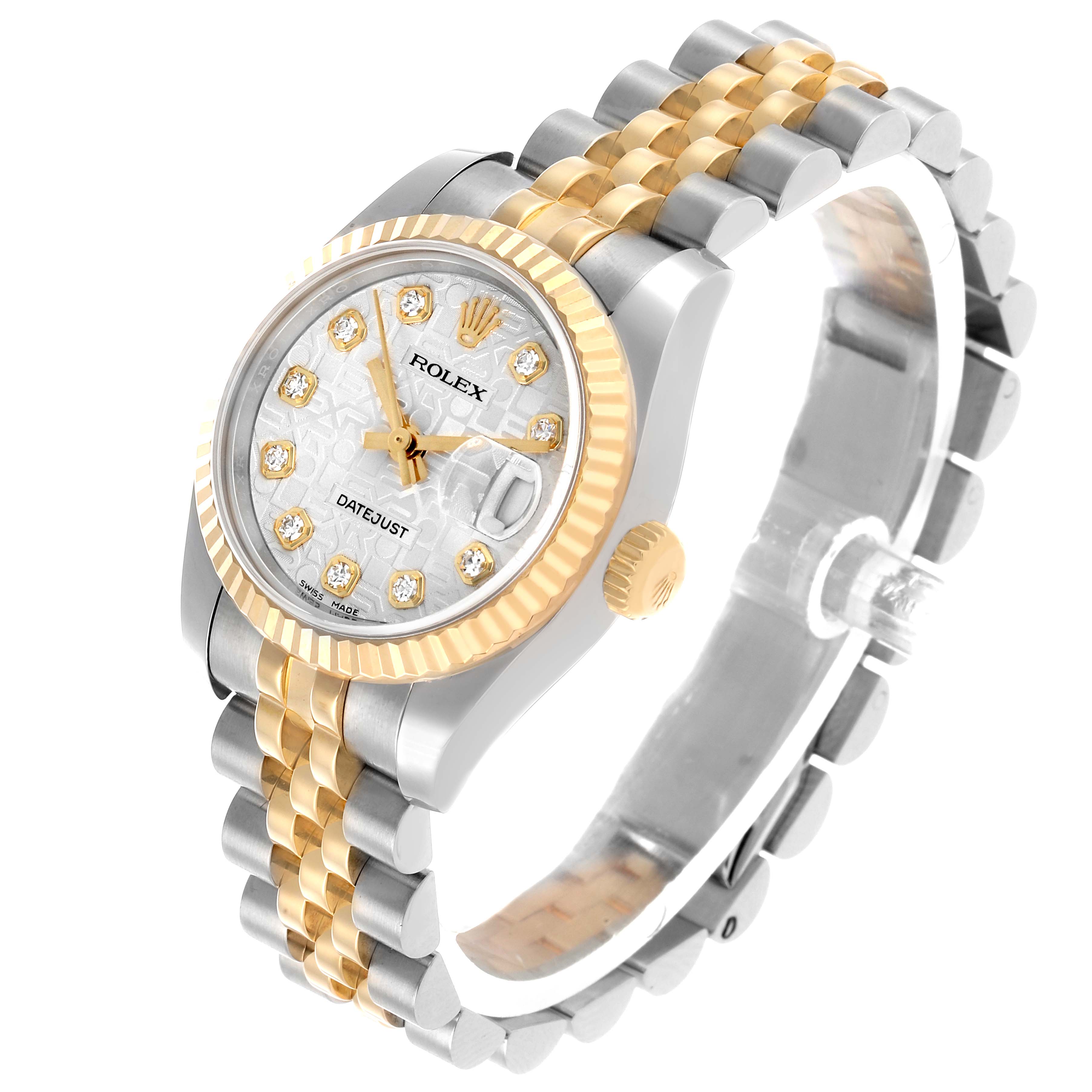 The Rolex Datejust 179173 Women's Steel and Gold (two tone) Silver Dial watch is shown at a three-quarter angle, displaying the dial, fluted bezel, crown, and Jubilee bracelet.