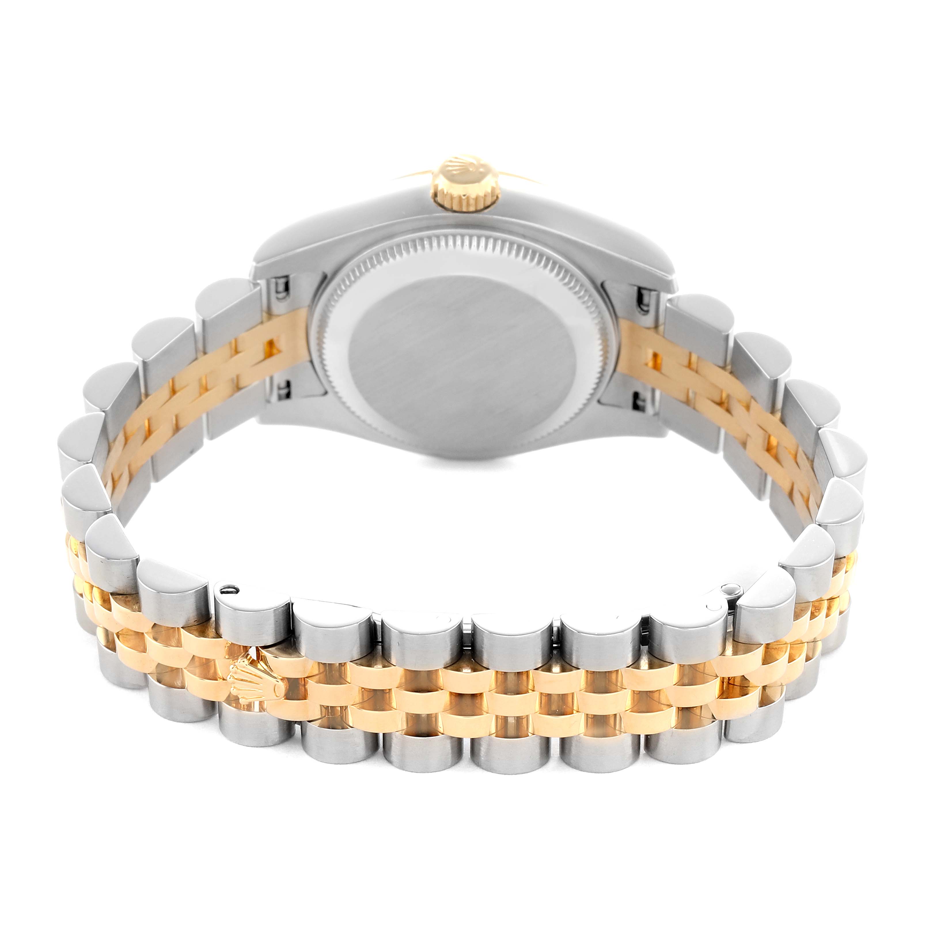 The image shows the back view of a Rolex Datejust 179173 Women's Steel and Gold (two tone) Silver Dial watch, highlighting the clasp and two-tone bracelet.