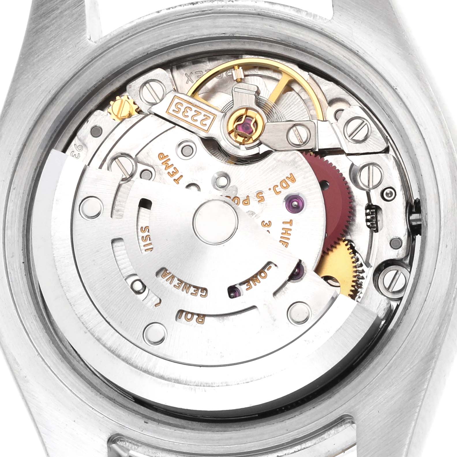 The Rolex Datejust 179173 Women's Steel and Gold (two tone) Silver Dial watch is shown from the back, displaying its intricate movement and components.