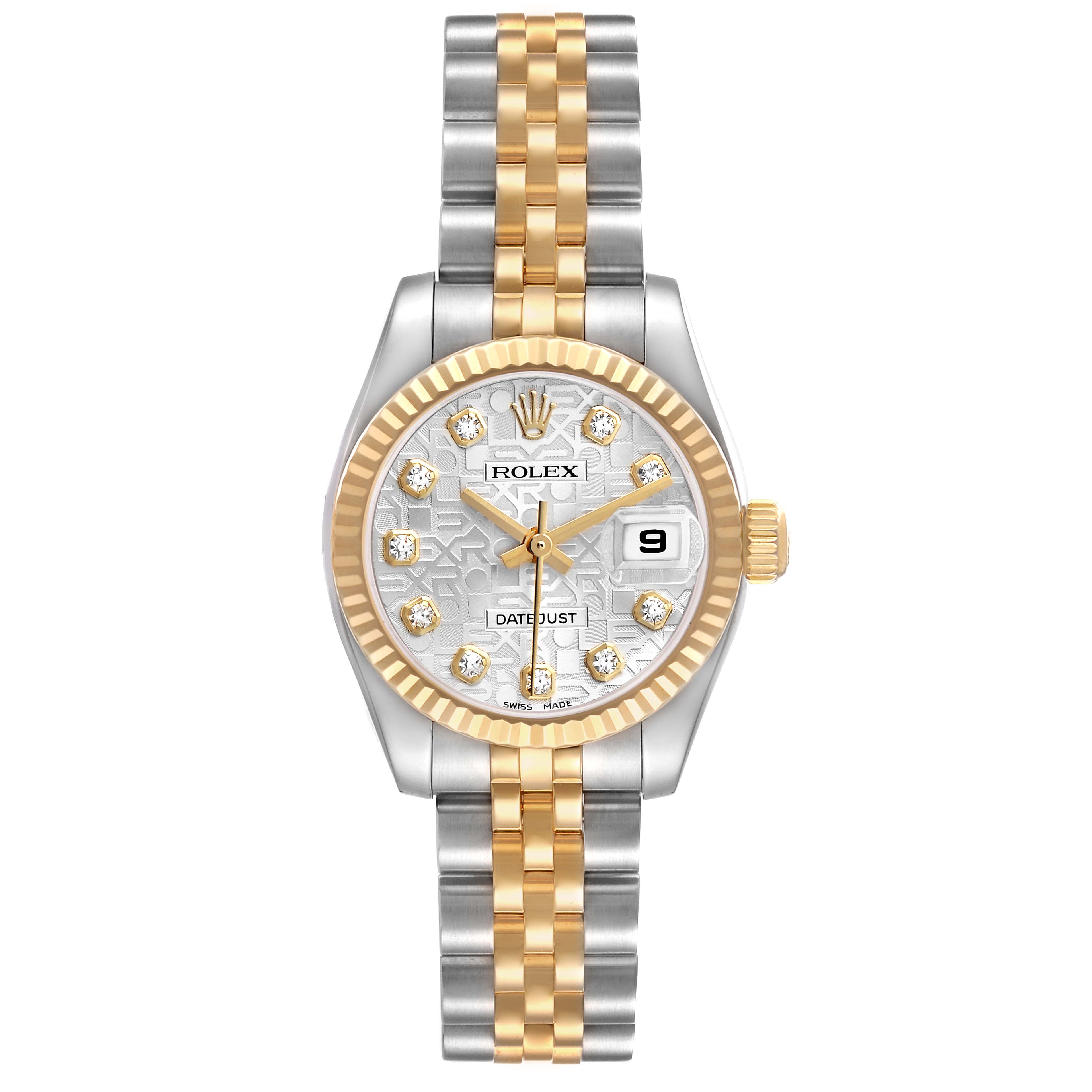The Rolex Datejust 179173 Women's Steel and Gold (two tone) Silver Dial watch is shown from a front view, displaying the dial, crown, and two-tone bracelet.