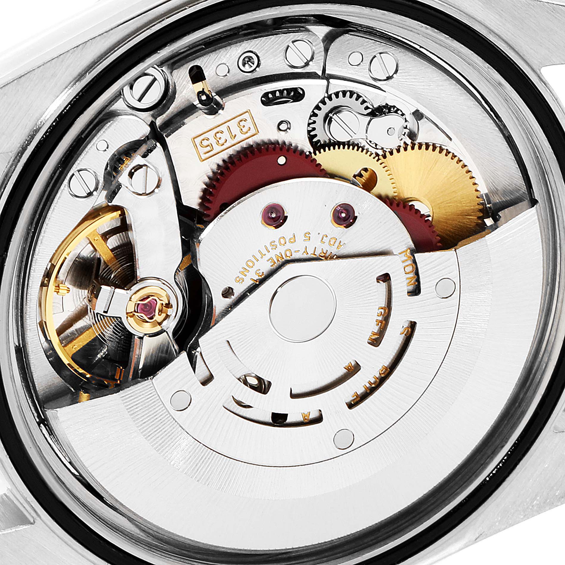 The image shows the internal mechanical movement parts of a Rolex Datejust 16200 Men
s Stainless Steel Blue Dial 16200 Men
s Stainless Steel Blue Dial watch from a top-down angle.