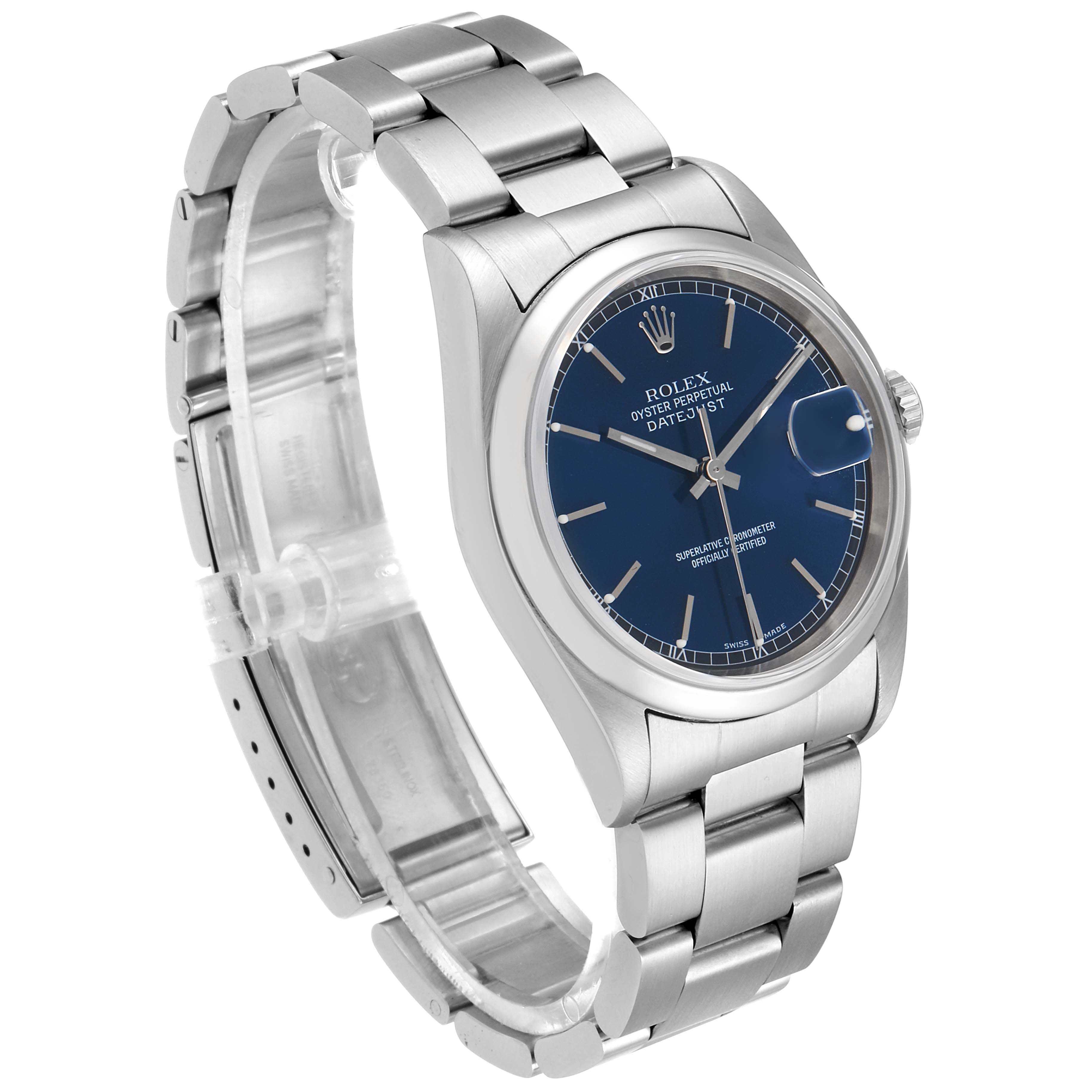 This image shows a Rolex Datejust 16200 Men
s Stainless Steel Blue Dial 16200 Men
s Stainless Steel Blue Dial watch at a three-quarter angle, displaying its blue dial, case, and stainless steel bracelet.