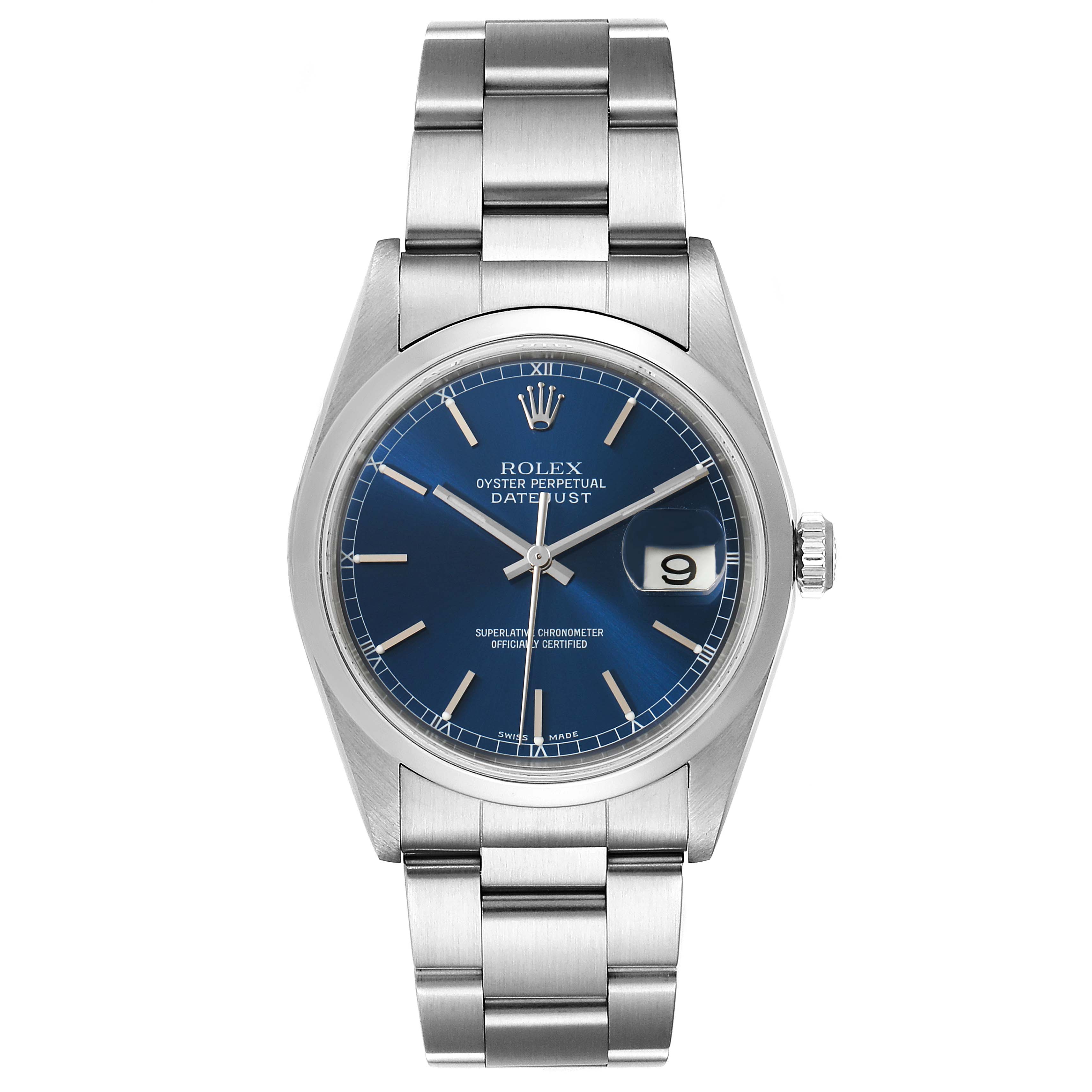 The image shows a front view of a Rolex Datejust 16200 Men
s Stainless Steel Blue Dial 16200 Men
s Stainless Steel Blue Dial watch, highlighting the blue dial, bracelet, and date window.