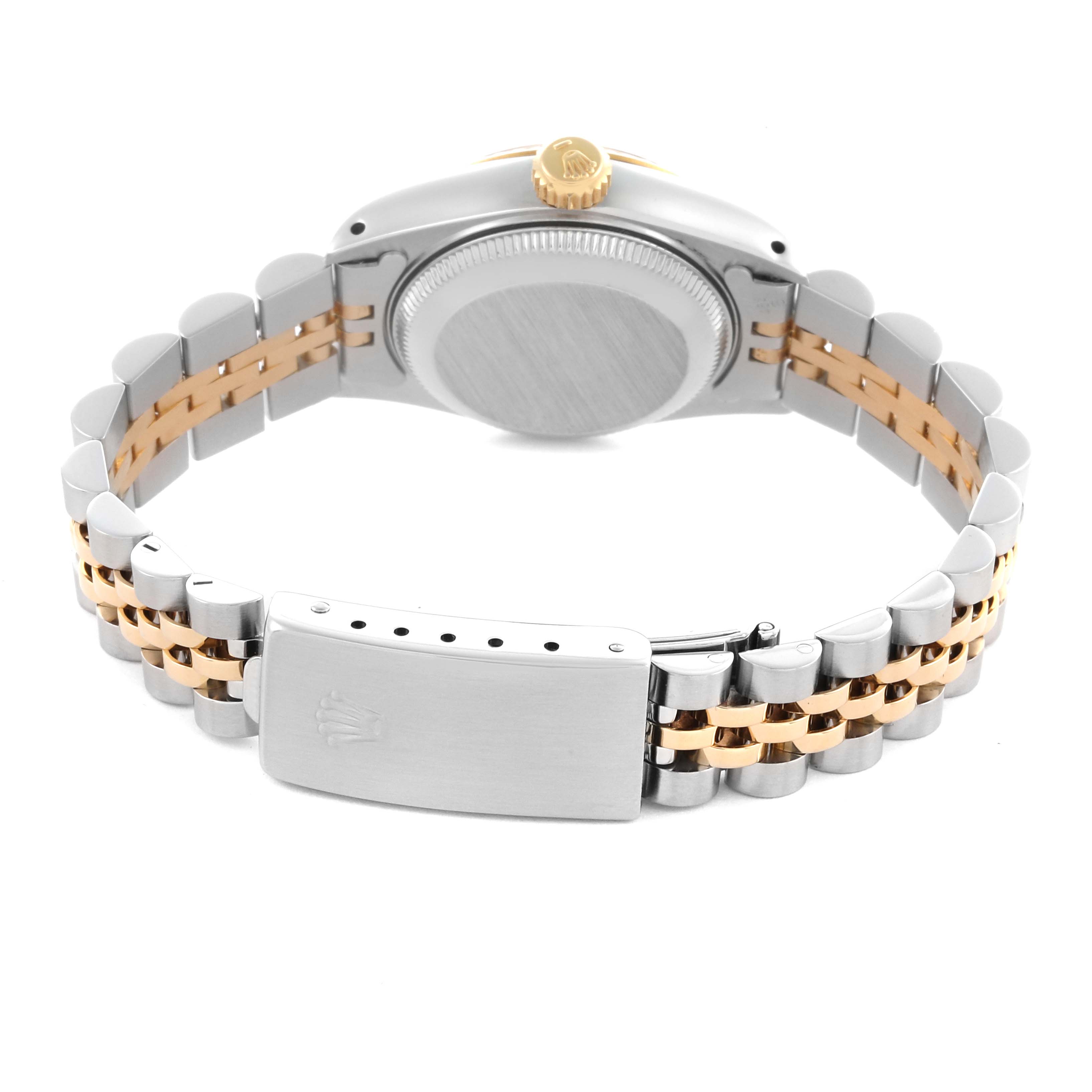 The Rolex Datejust 69173 Women's Steel and Gold (two tone) Blue Dial 69173 Women's Steel and Gold (two tone) Blue Dial watch is shown from the back, highlighting the stainless steel and gold bracelet and closed clasp.